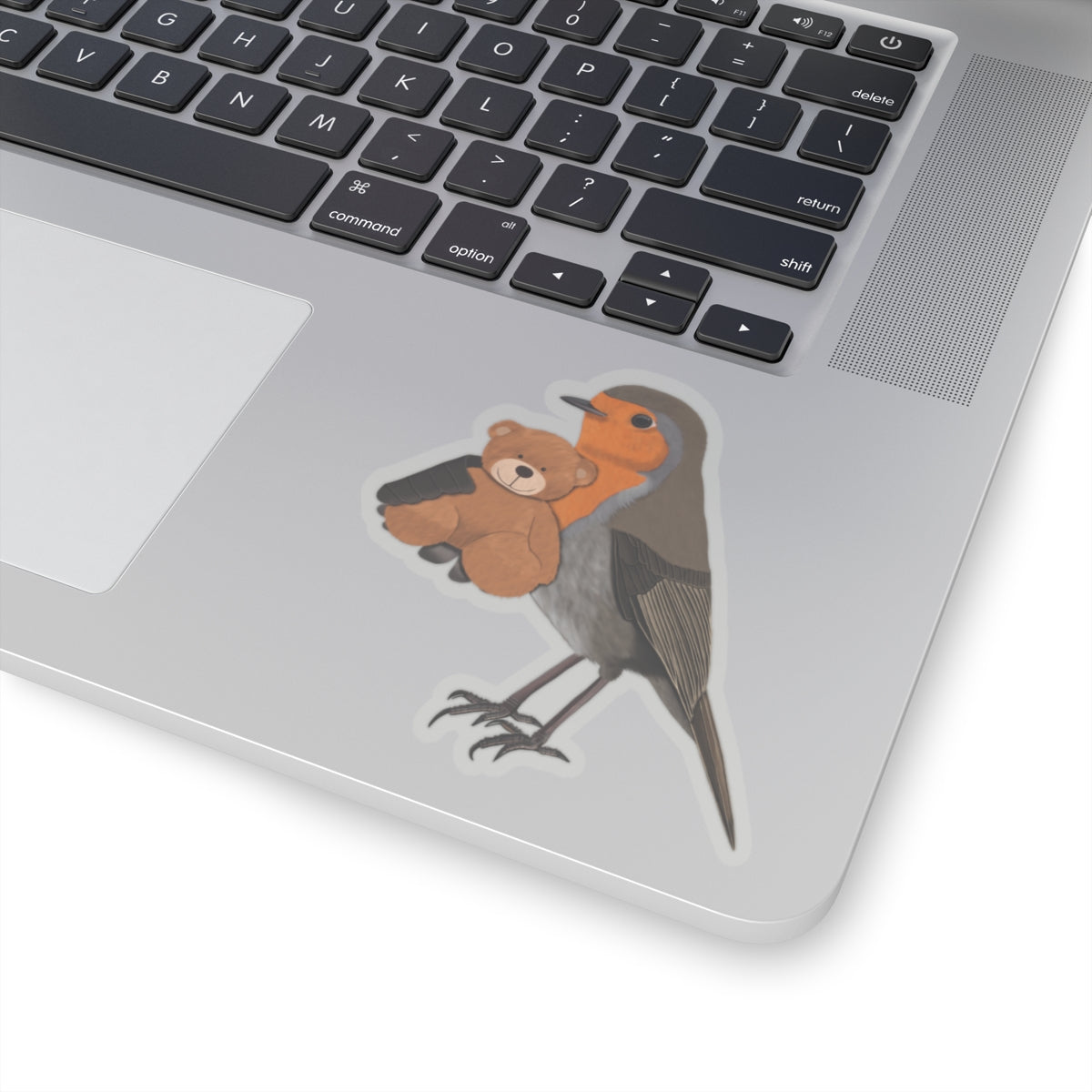 Robin Bird with Teddy Bear Kiss-Cut Sticker