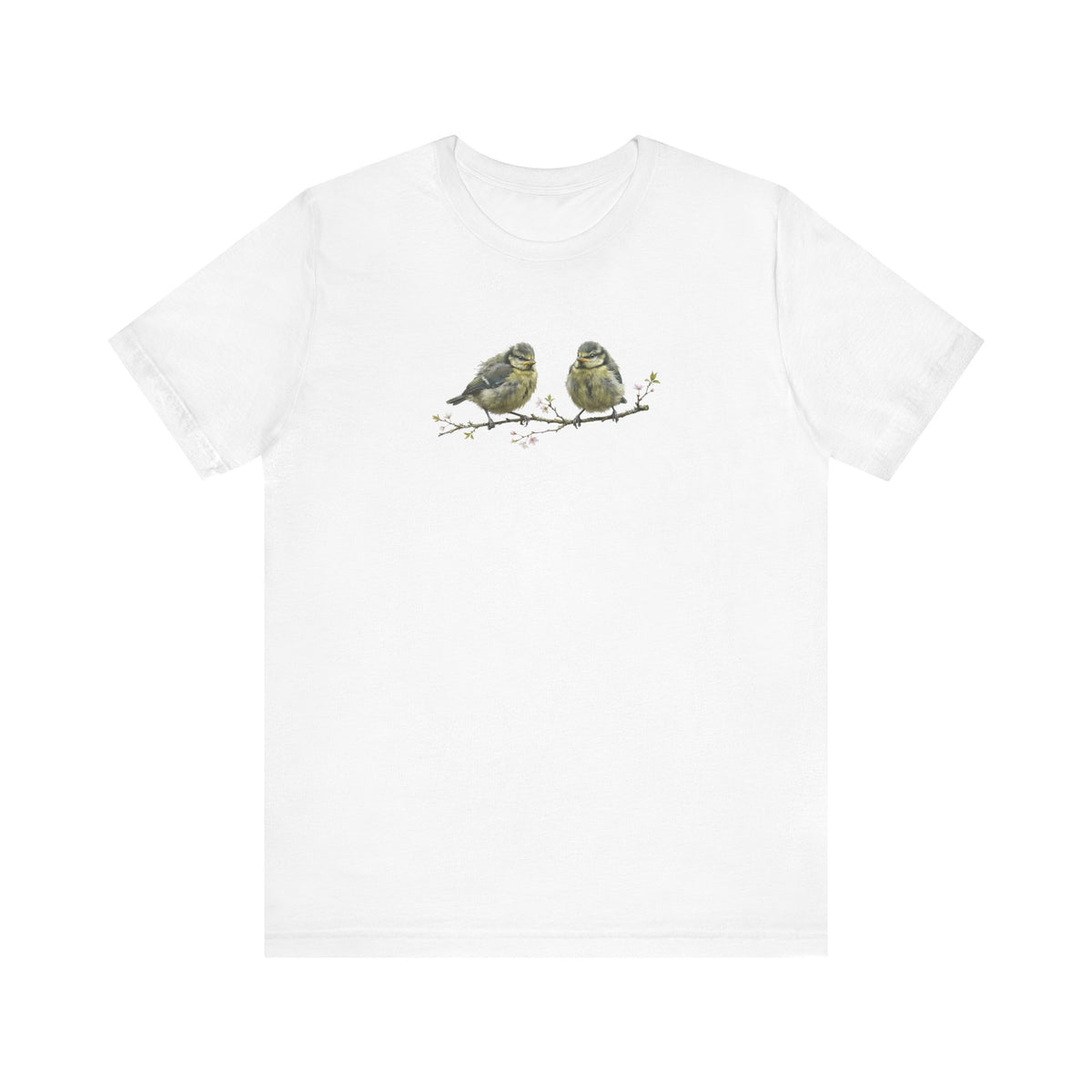 Blue Titmouse Fledgling T-Shirt | Spring Blossoms Unisex Graphic Tee for Bird Watchers