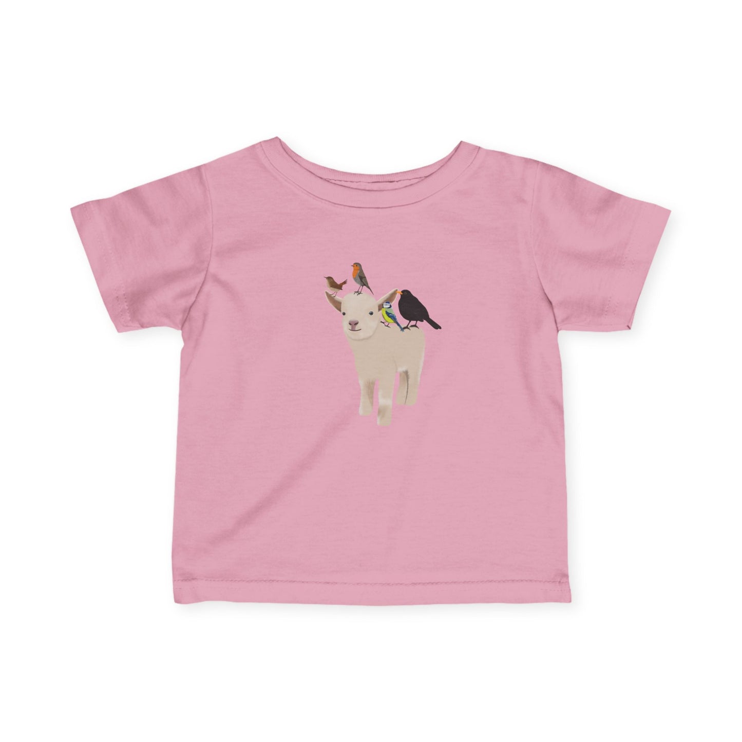Süßes Lamm mit Amsel Blaumeise Rotkehlchen Zaunkönig Vogel Tiermotiv T-Shirt für Babys und Kleinkinder