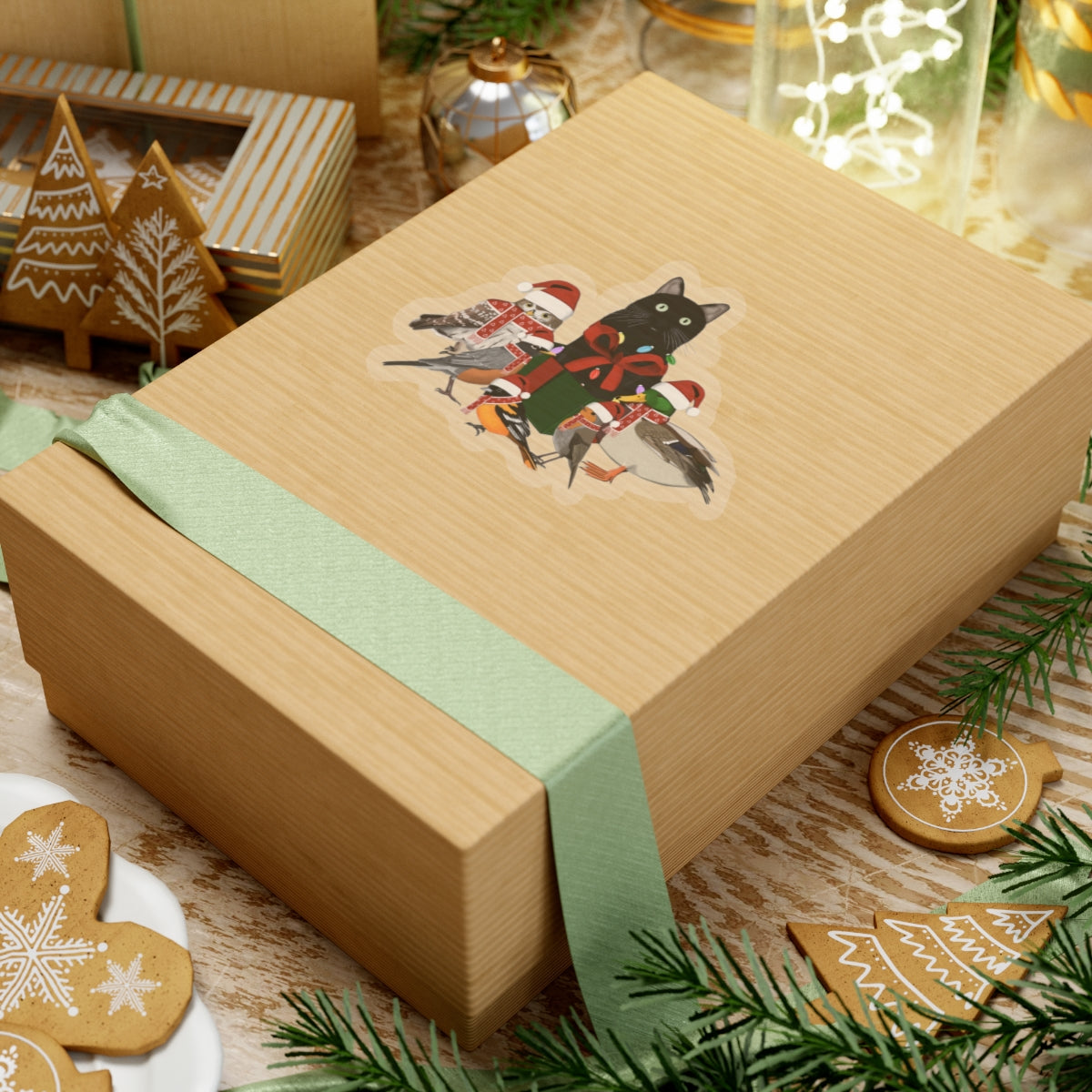 Robin Oriole Mallard Owl and Cat with Fairy Lights Santa Claus Hat and Scarf Christmas Bird Sticker