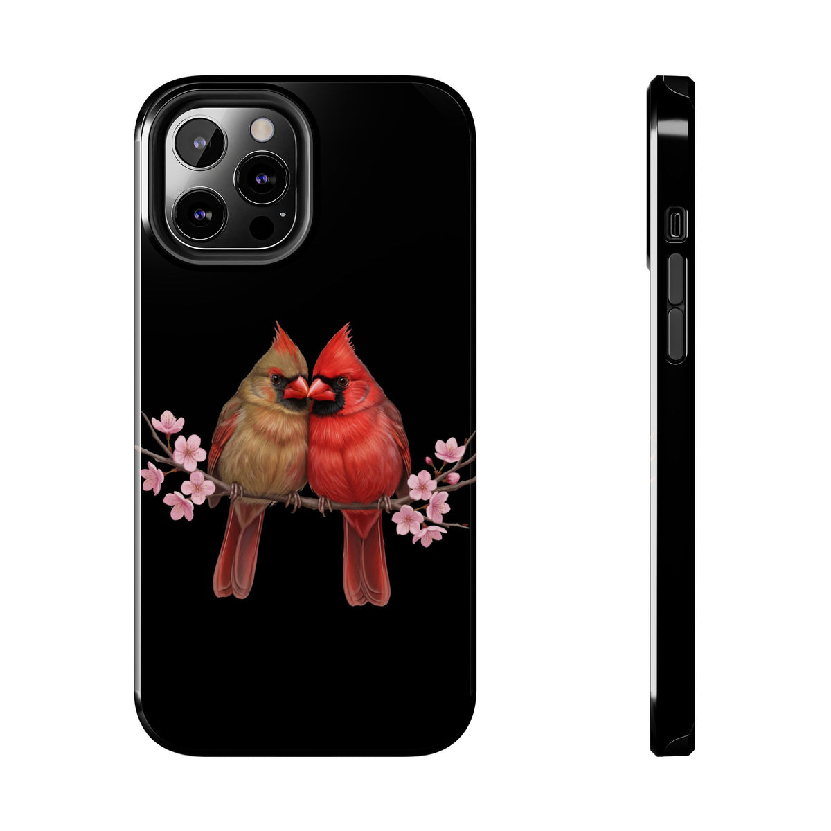 Northern Cardinal Phone Case – with Cherry Blossoms iPhone – Premium Tough Cover Black
