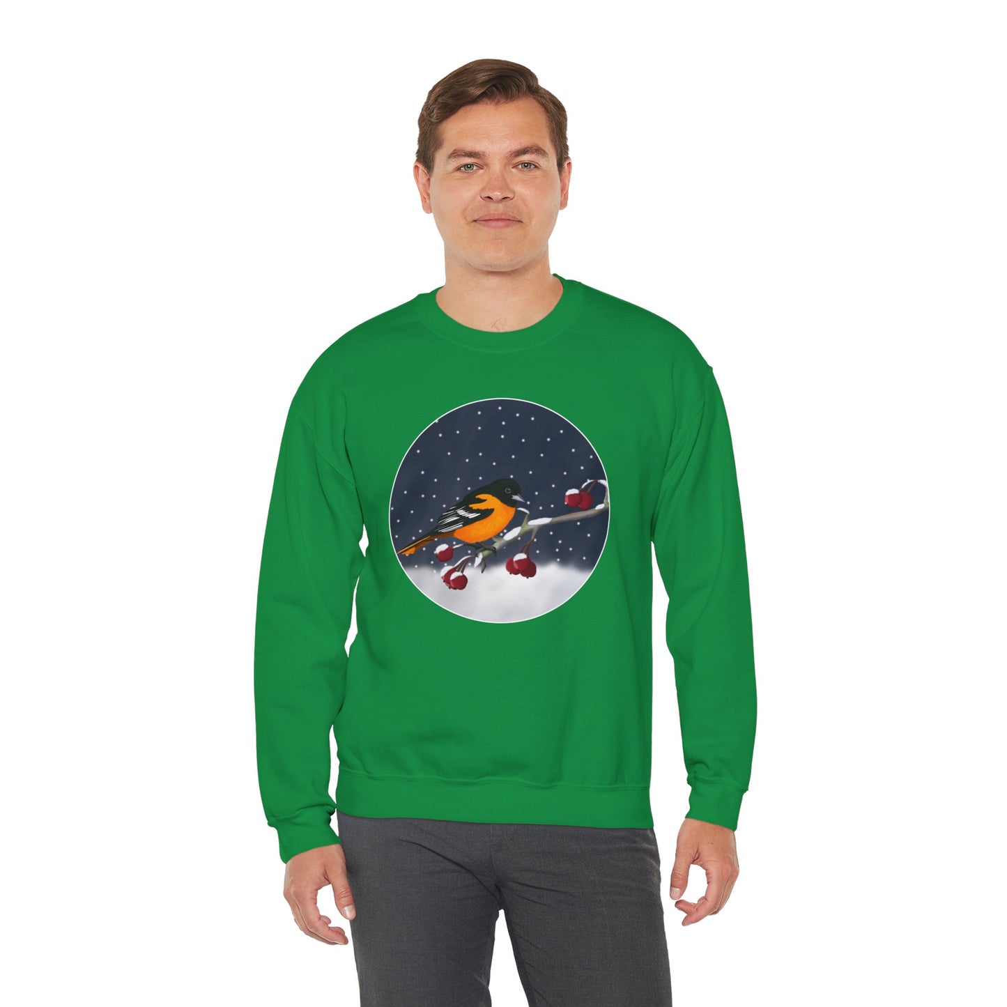 Baltimore Oriole on a Winter Branch Birdwatcher Christmas Bird Sweatshirt