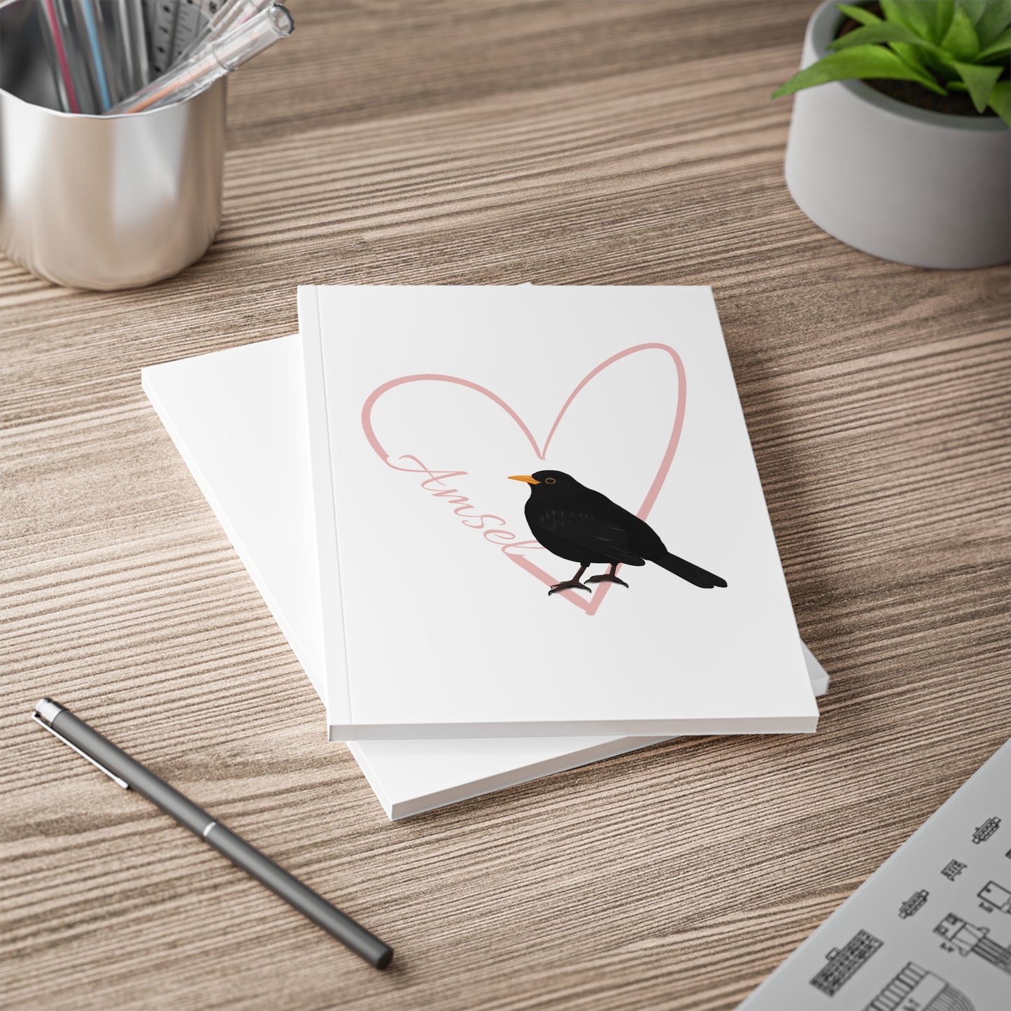 Amsel Notizbuch Vogel mit Herz A5 Softcover 150 Seiten Liniert Weiß