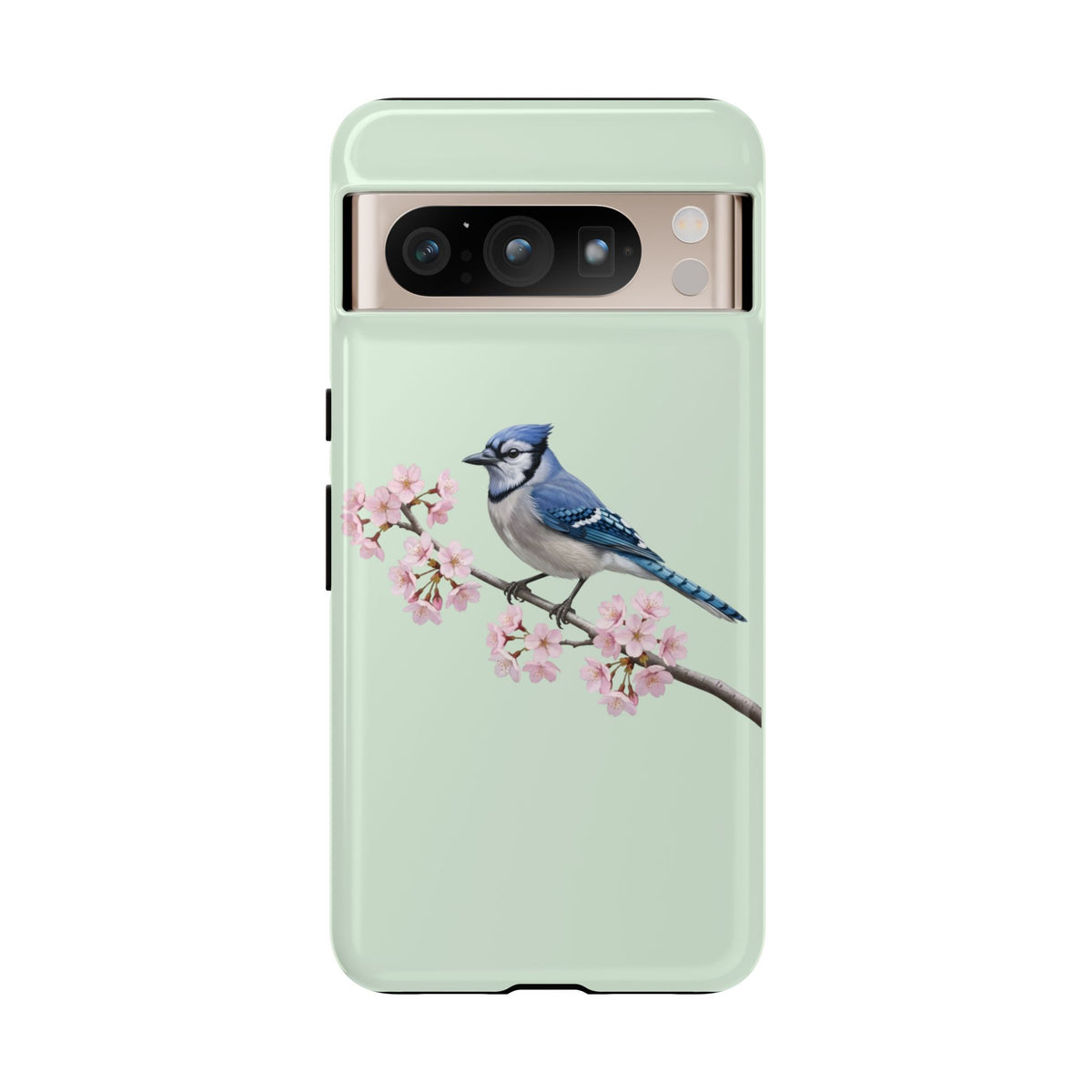 Blauhäher Handyhülle in Salbeigrün | Florales Kirschblüten Vogel-Motiv für iPhone & Google Pixel
