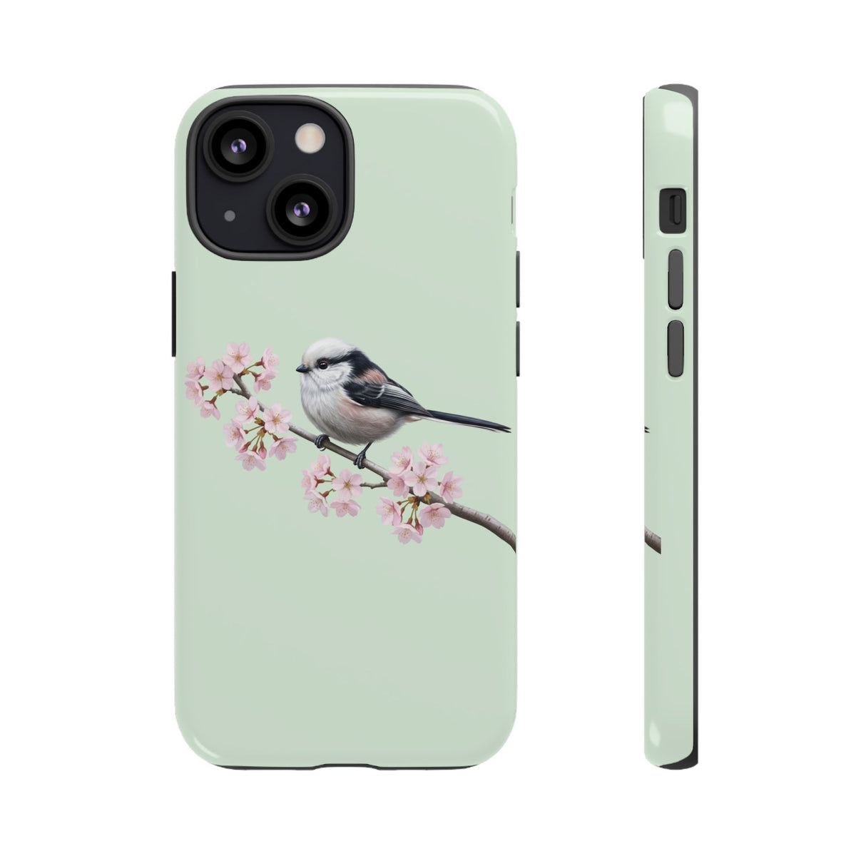 Funda para móvil de carbonero común en verde salvia | Motivo floral de pájaro y flores de cerezo para iPhone y Google Pixel