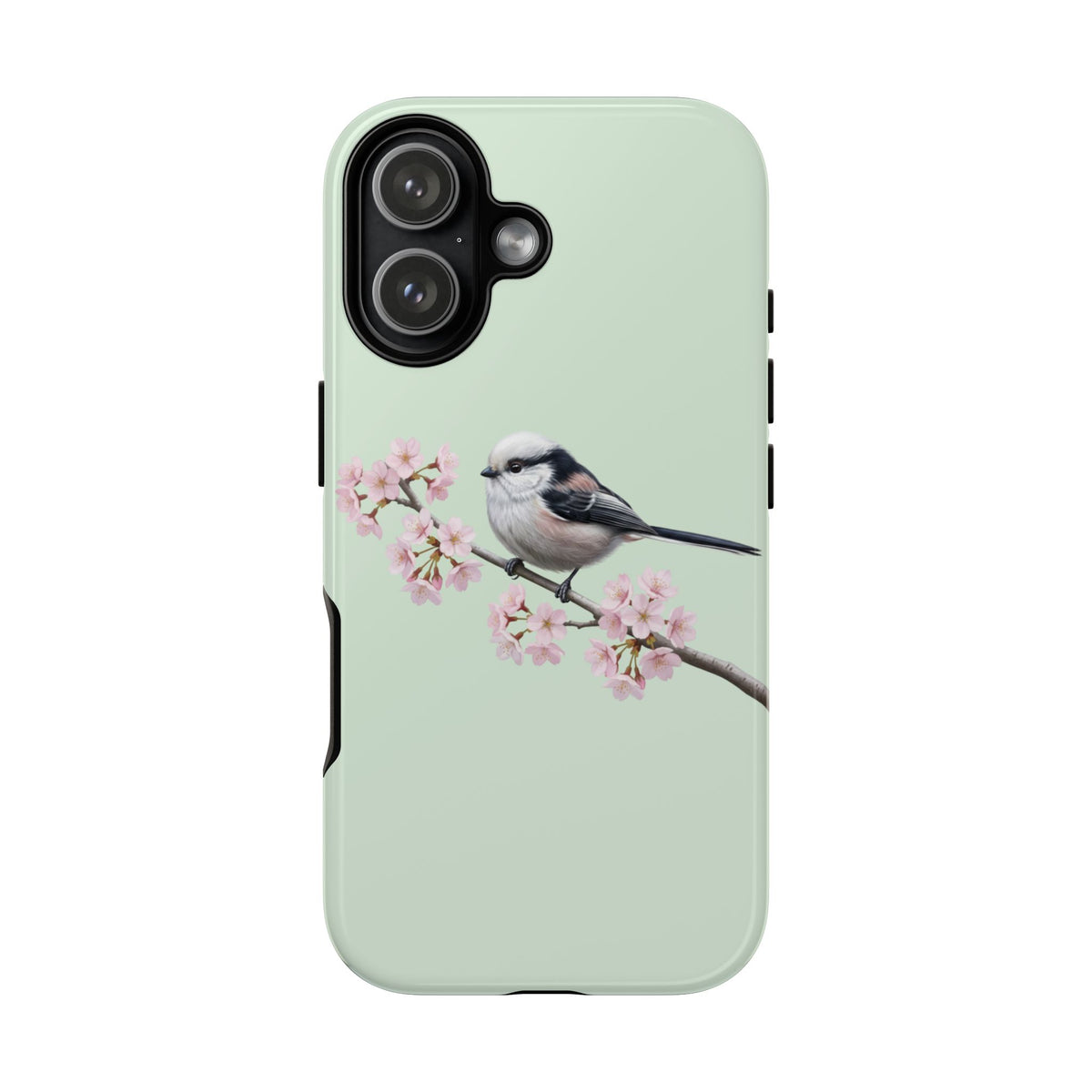Funda para móvil de carbonero común en verde salvia | Motivo floral de pájaro y flores de cerezo para iPhone y Google Pixel