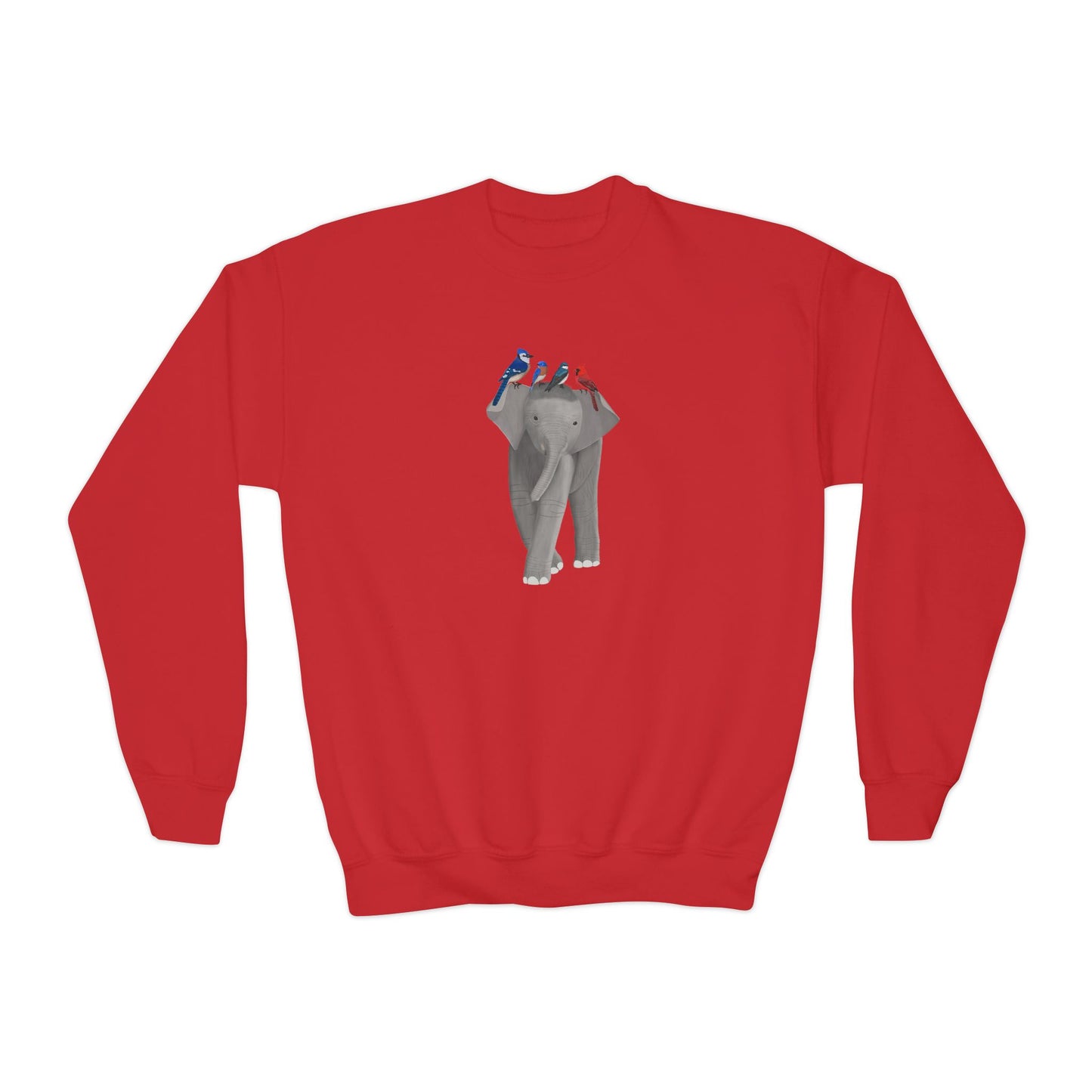 Elephant with Blue Jay Cardinal Bluebird Tree Swallow Bird Youth Crewneck Sweatshirt – Casual Kids Clothing, Sweatshirts