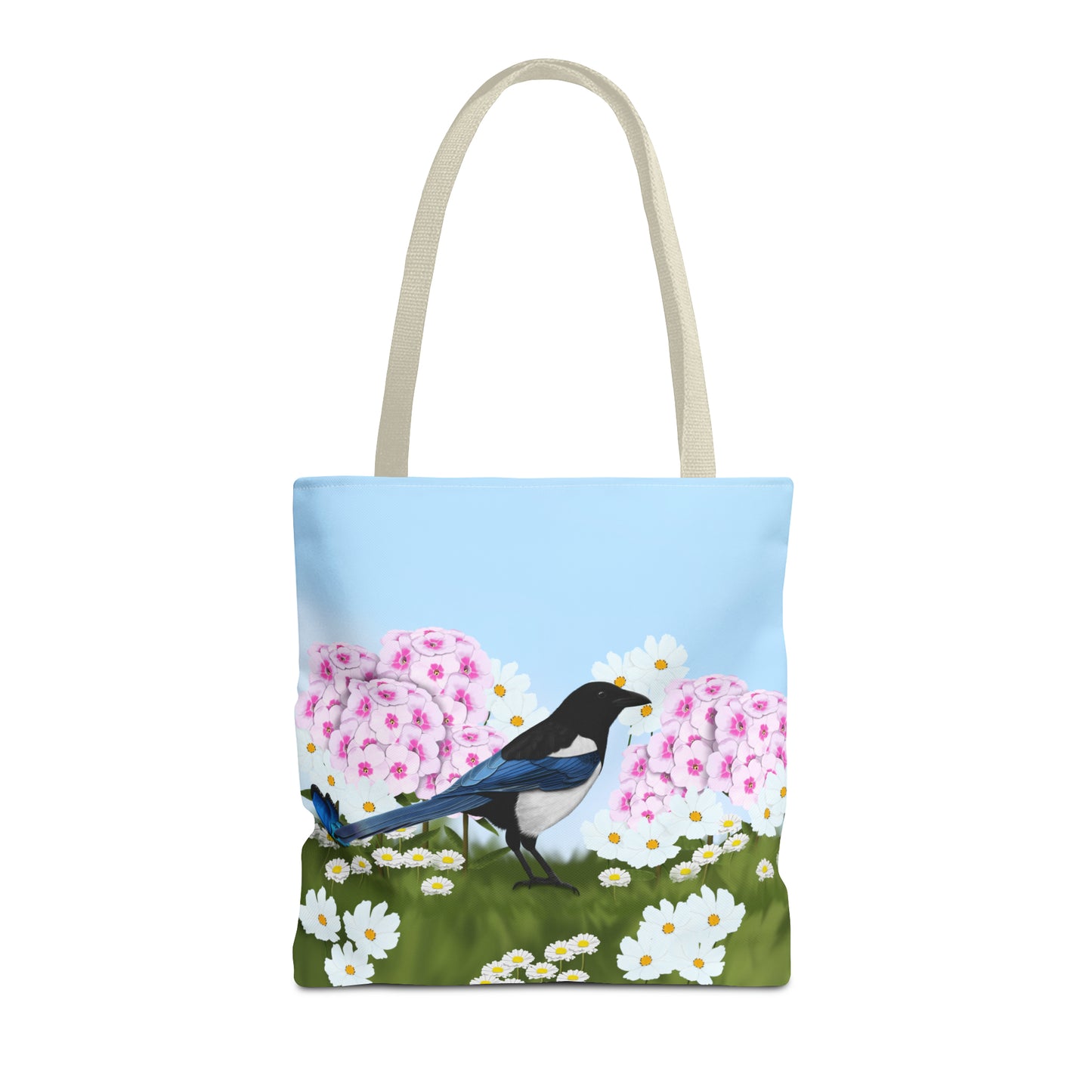 Magpie in Summer Flowers Bird Tote Bag 16"x16" - jz.birds