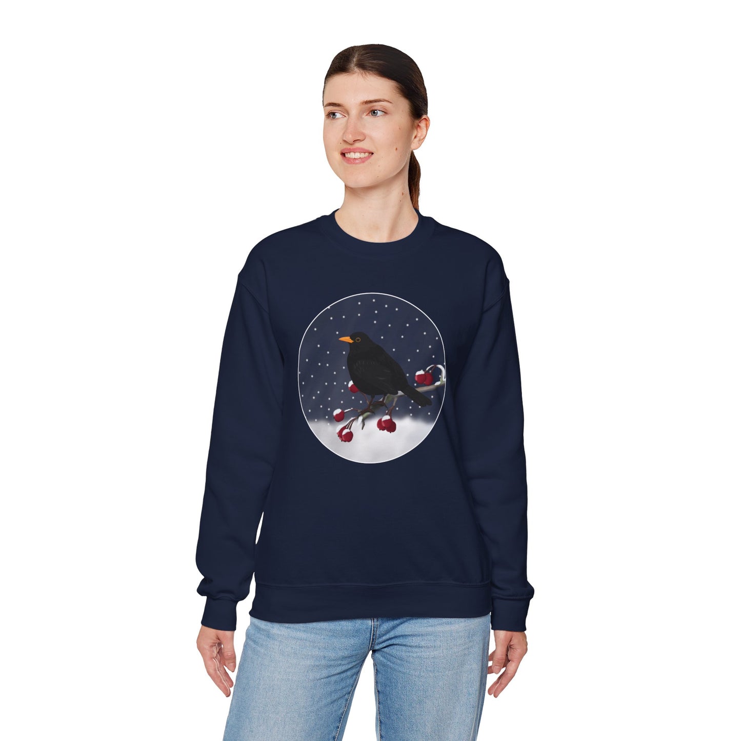 Blackbird on a Winter Branch Birdwatcher Christmas Bird Sweatshirt