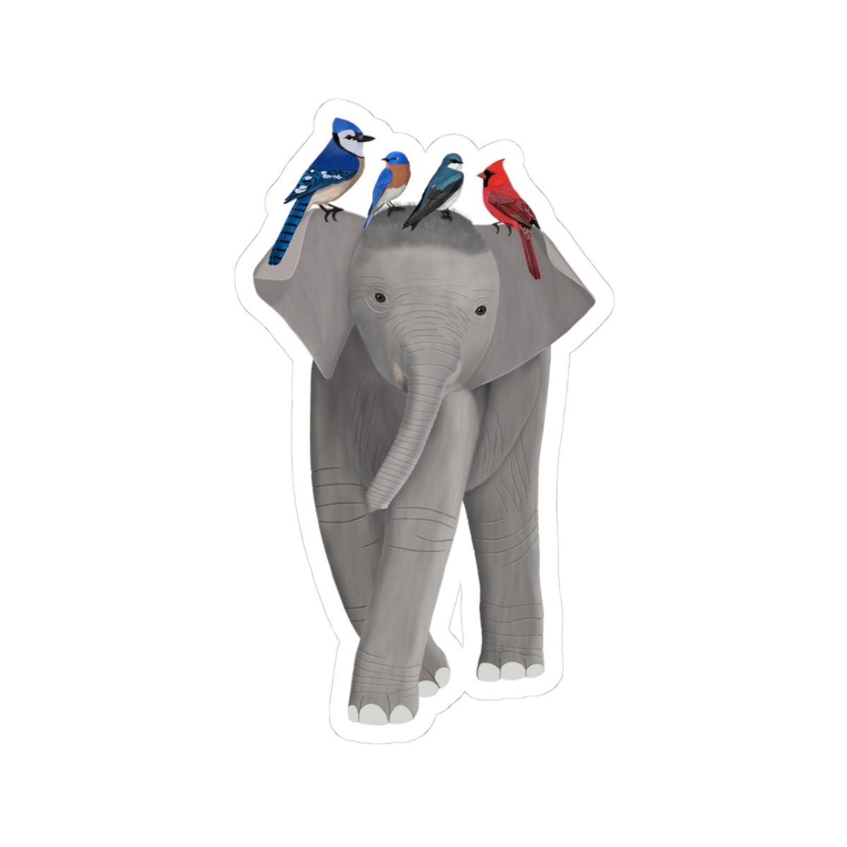 Elephant with Birds Blue Jay Bluebird Cardinal Sticker