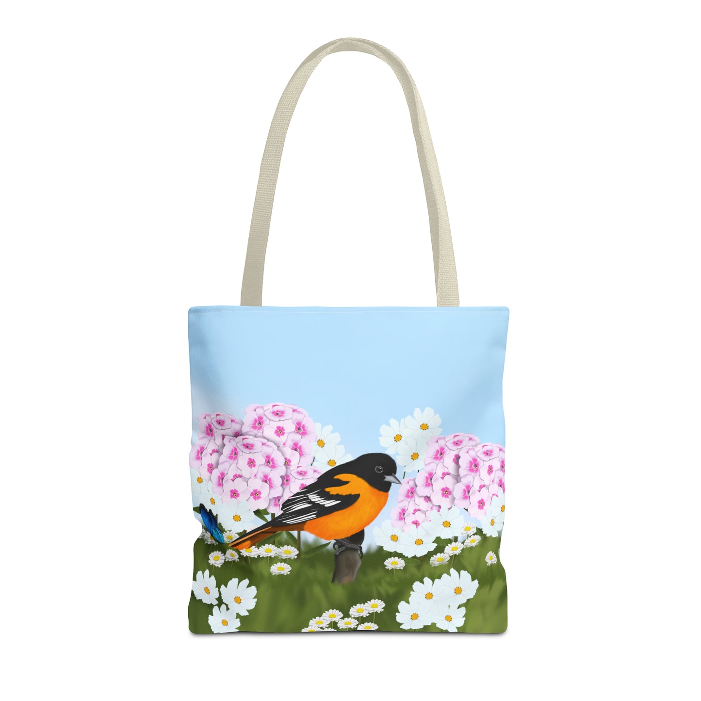 Baltimore Oriole in Summer Flowers Bird Tote Bag 16"x16" - jz.birds