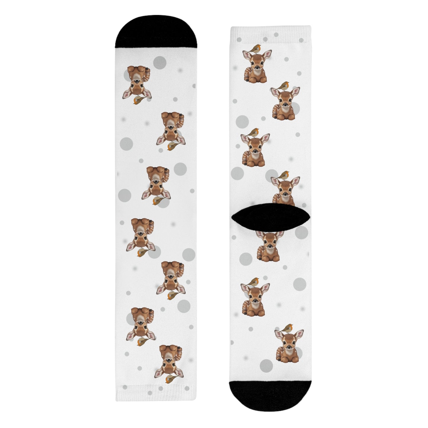 Rotkehlchen Socken mit Rehkitz Vogelsocken mit Tiermotiven Graue Punkte