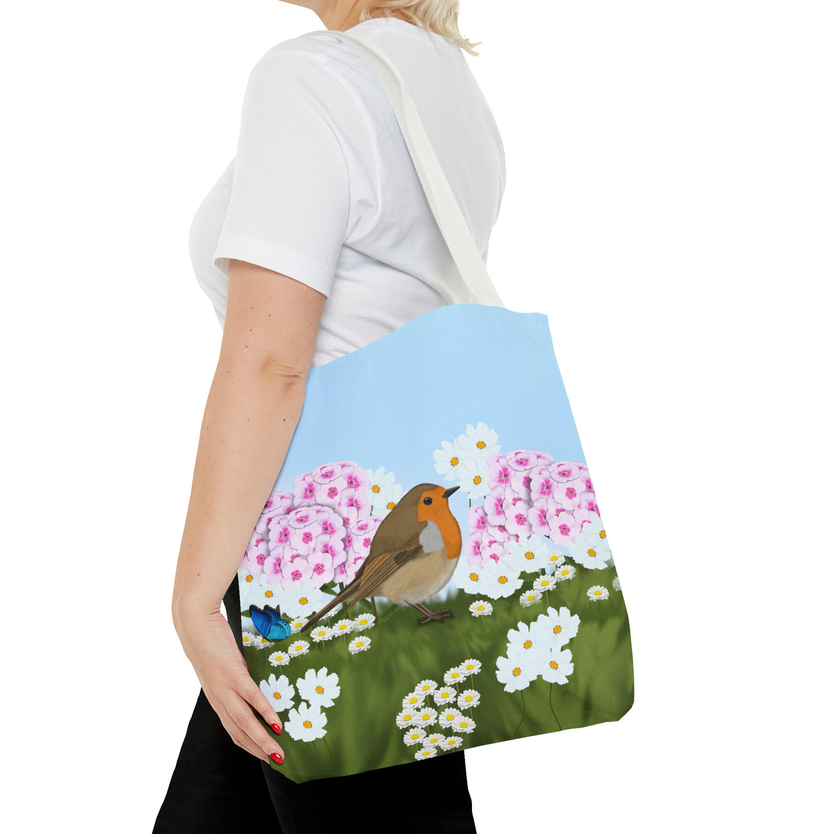 Robin in Summer Flowers Bird Tote Bag 16"x16" - jz.birds