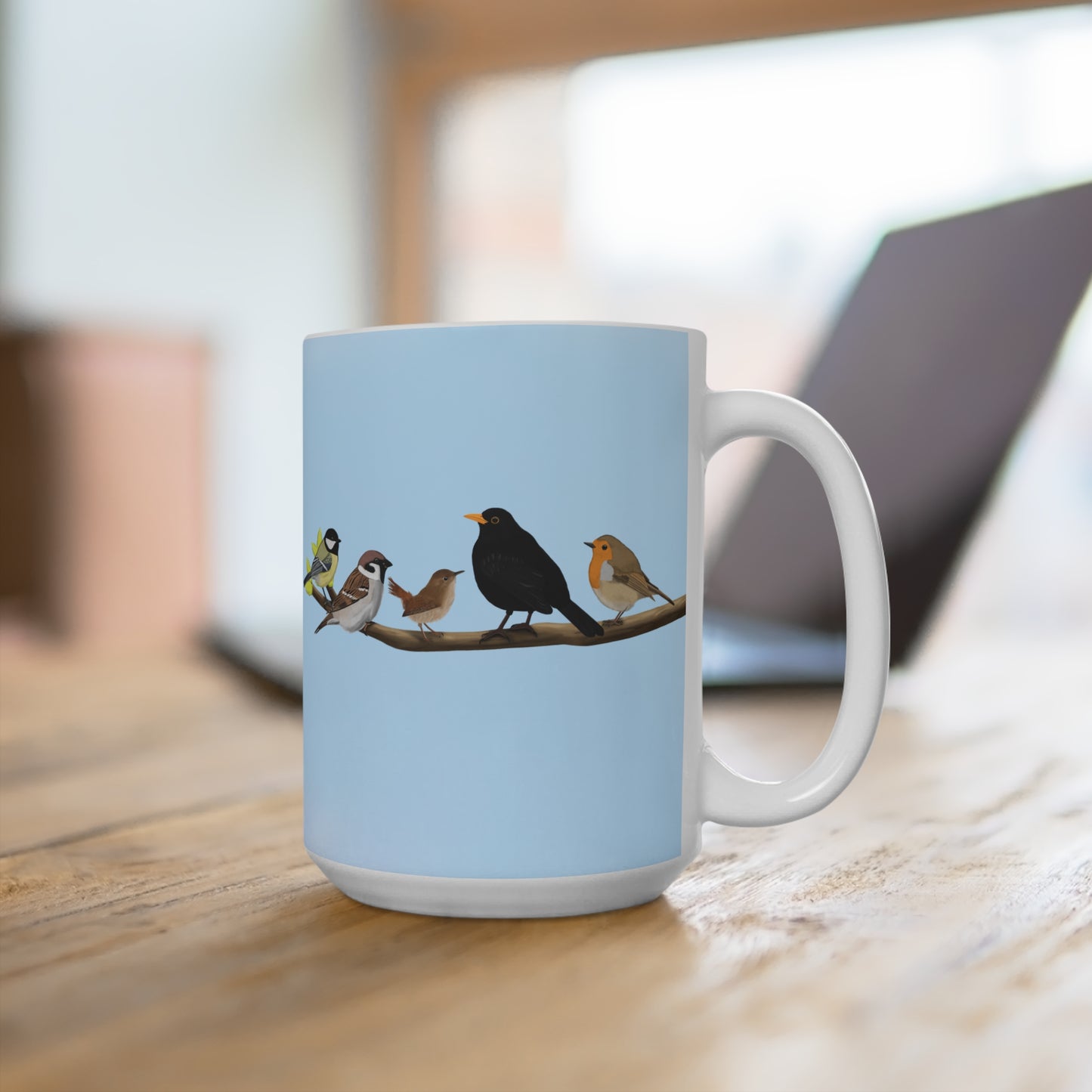 Vögel auf einem Ast Tasse Amsel Rotkehlchen Blaumeise Zaunkönig Spatz Kohlmeise Blau