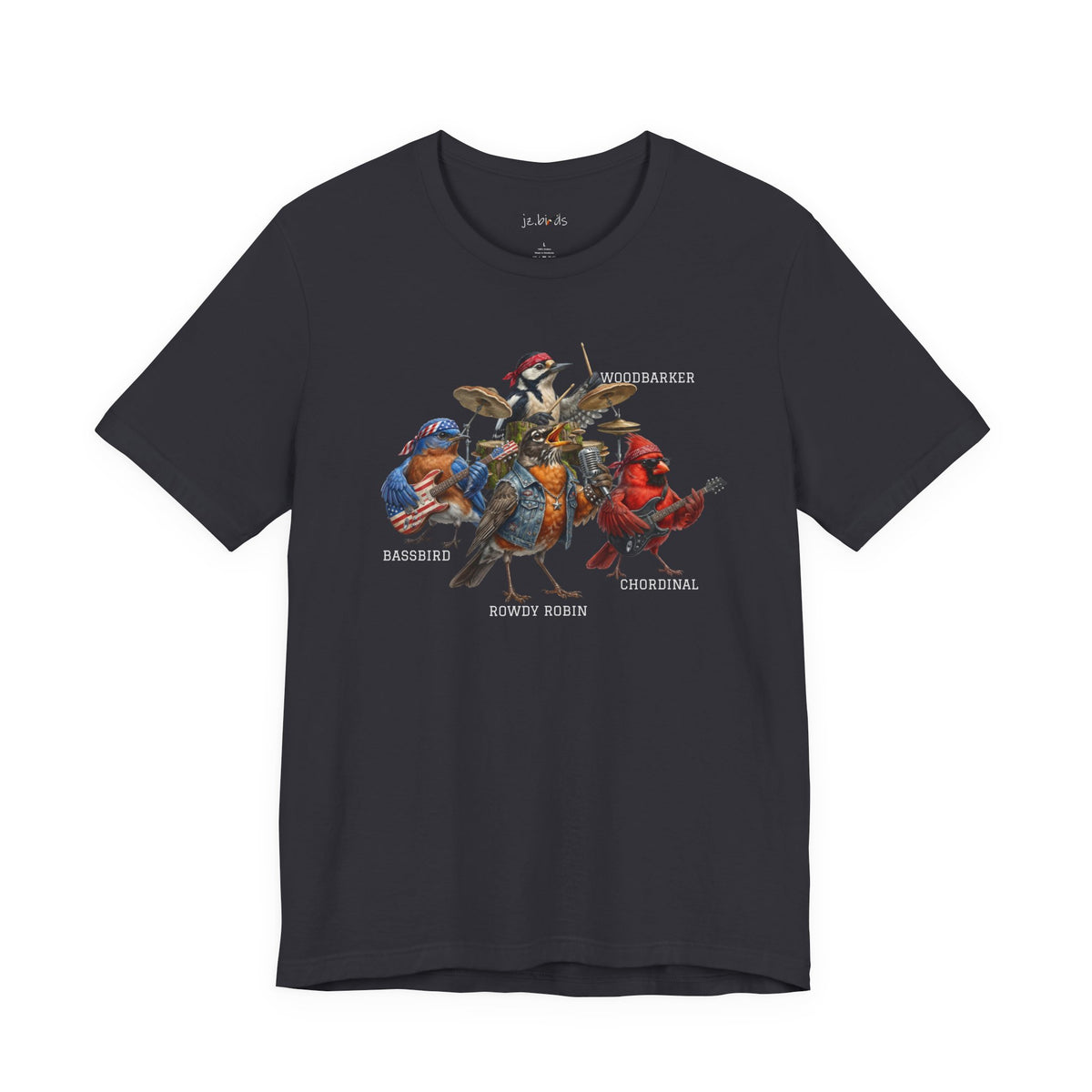 Woodpecker, Bluebird, Cardinal and Robin T-Shirt on band tshirt background