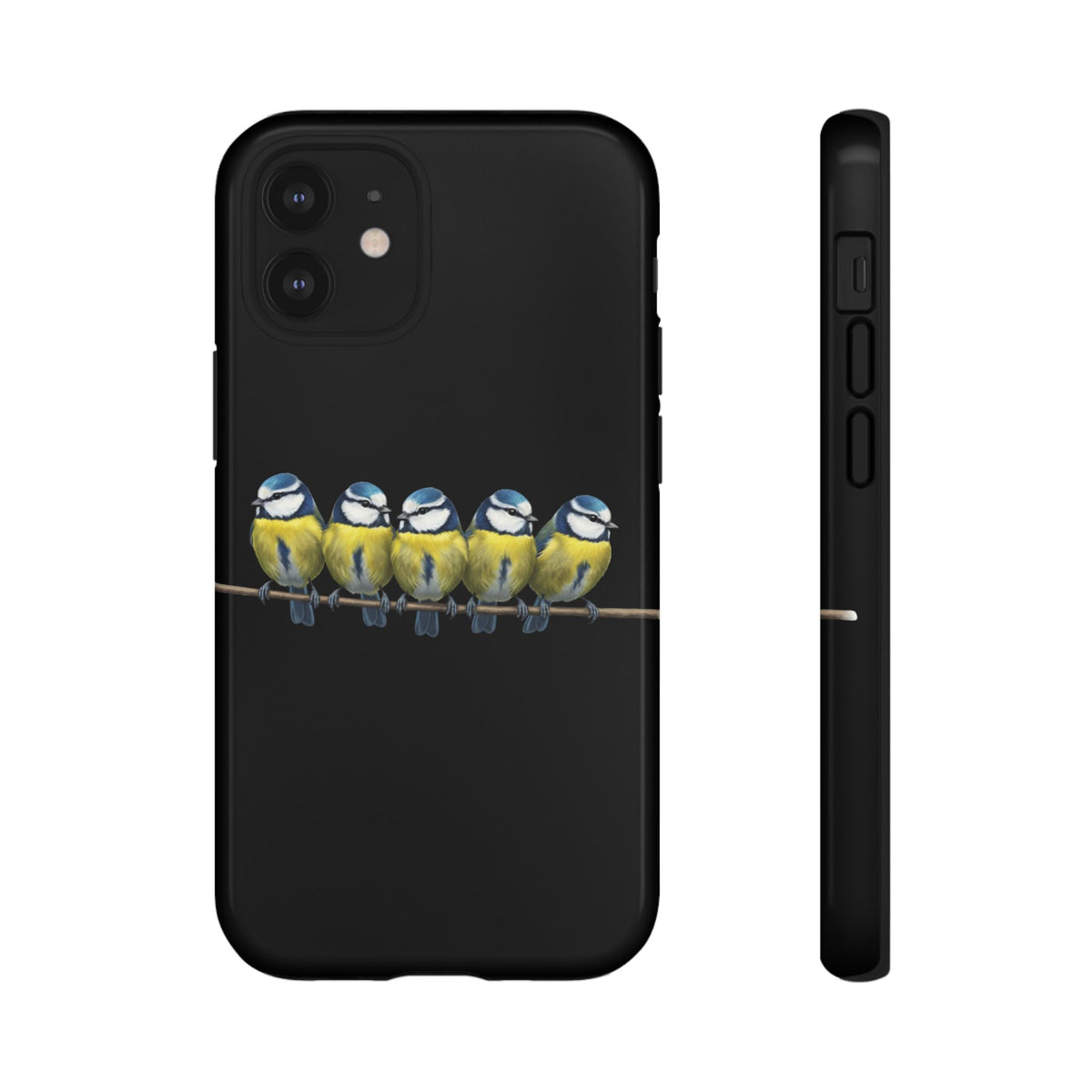 Funda premium para móvil de carbonero azul en una rama – Doble protección e impresión integral, negra