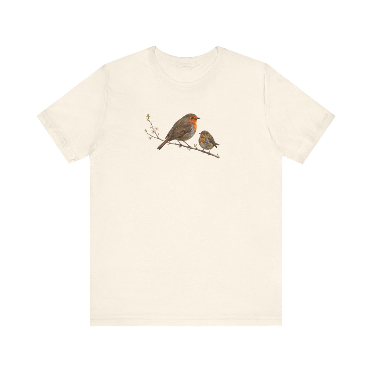 Rotkehlchen & Jungvogel T-Shirt | Frühlingsblüten Vogelmotiv für Vogelbeobachter