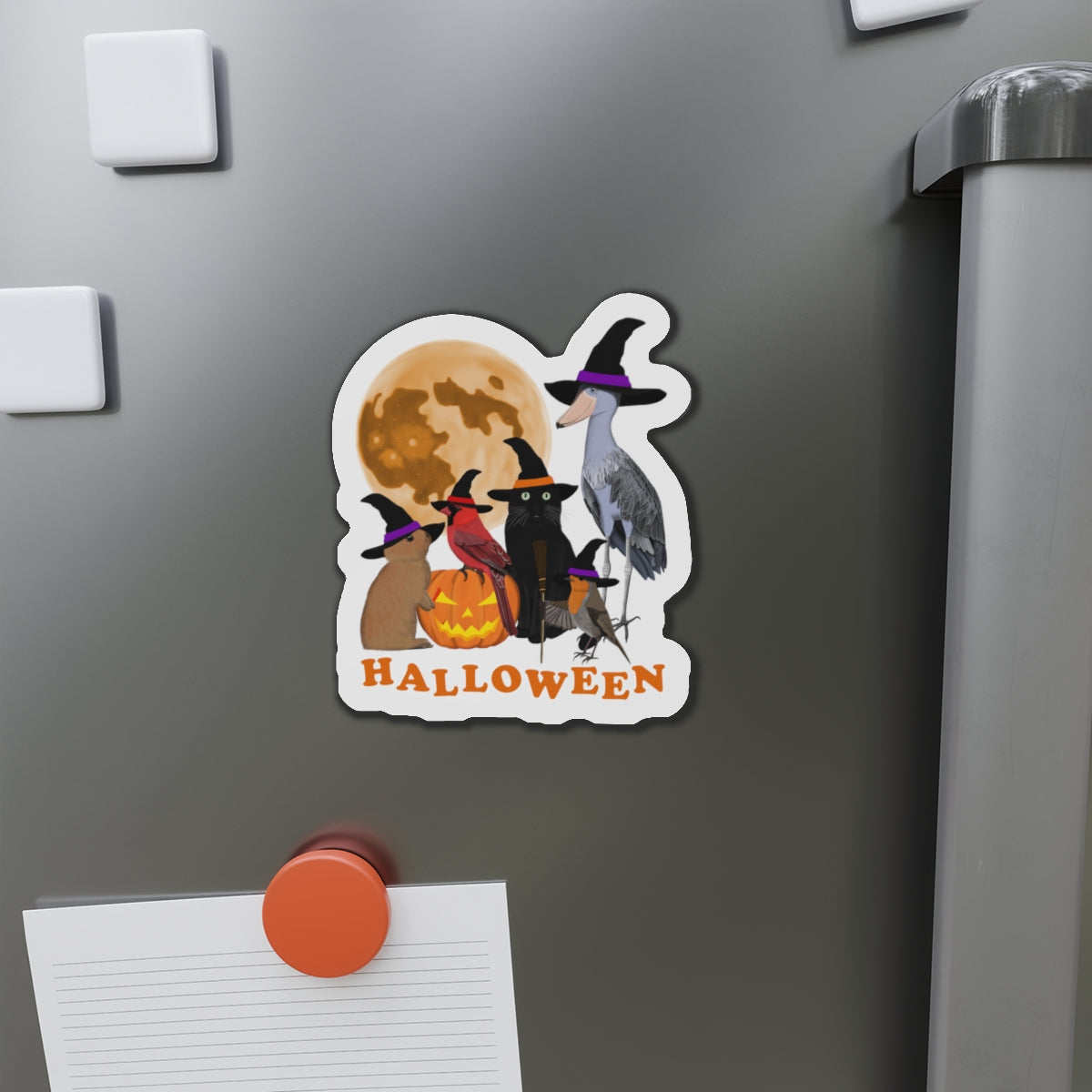 Robin Shoebill Cardinal with Cat and Bunny Halloween Bird Magnet