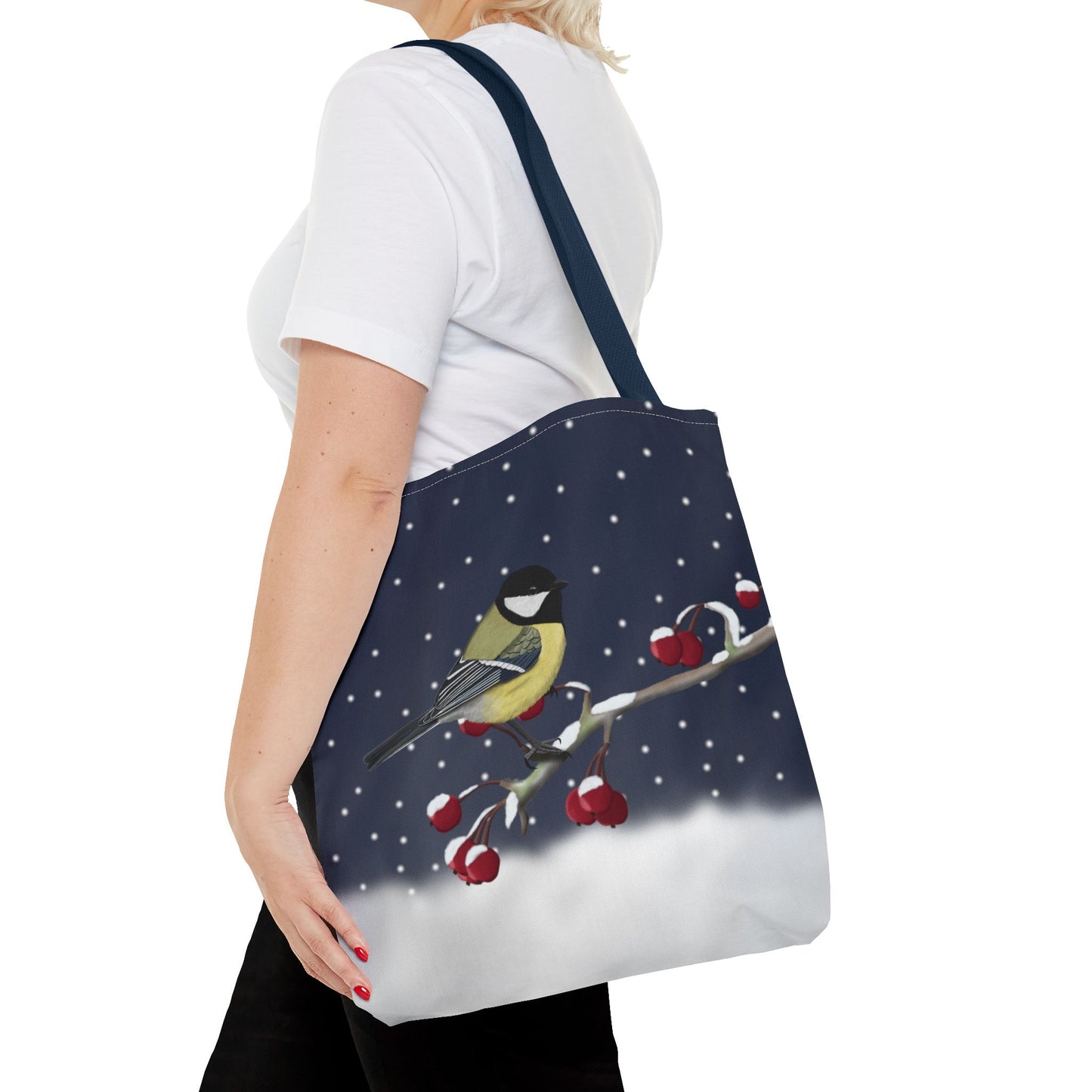 Chickadee on a Winter Branch Christmas Bird Tote Bag 16"x16"