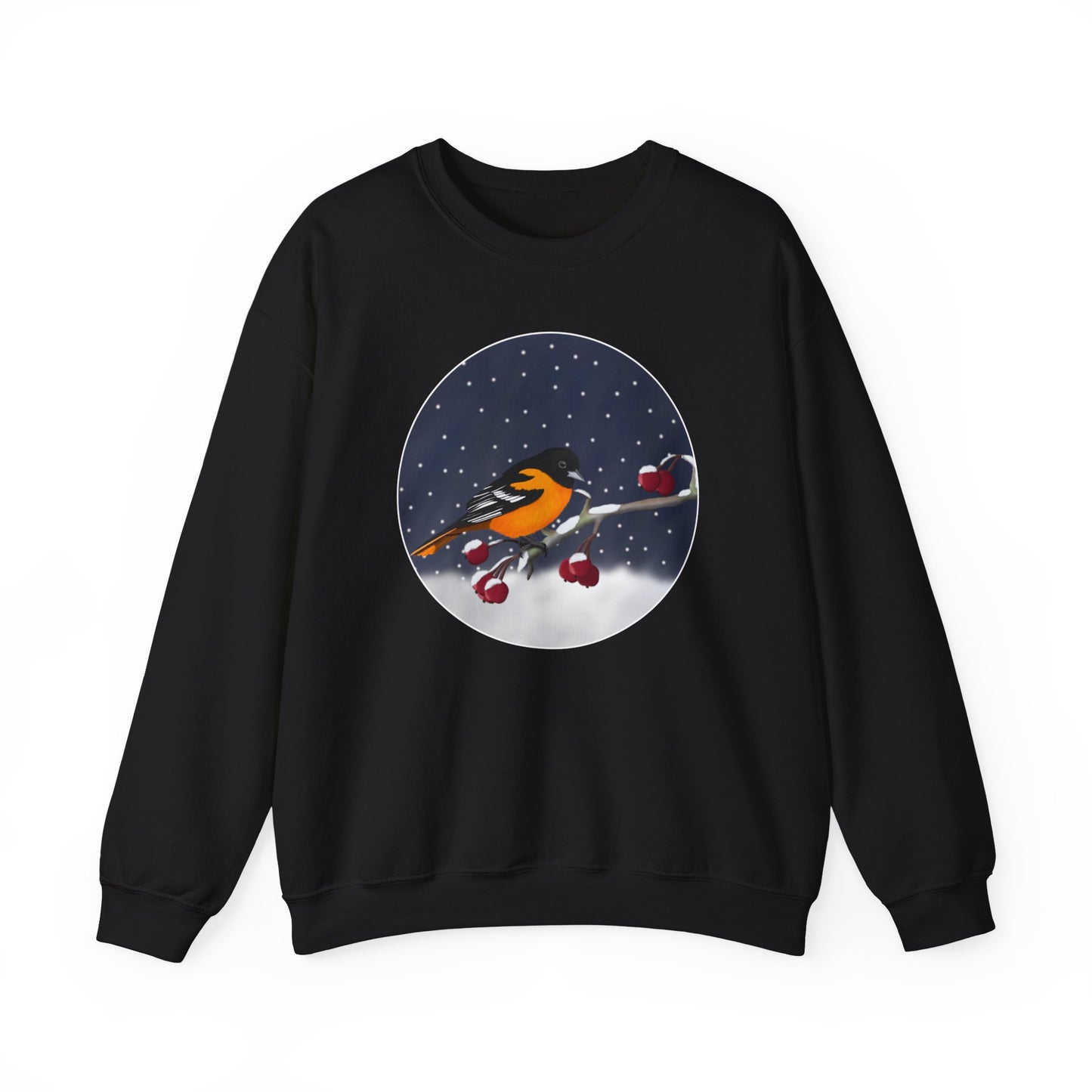 Baltimore Oriole on a Winter Branch Birdwatcher Christmas Bird Sweatshirt –