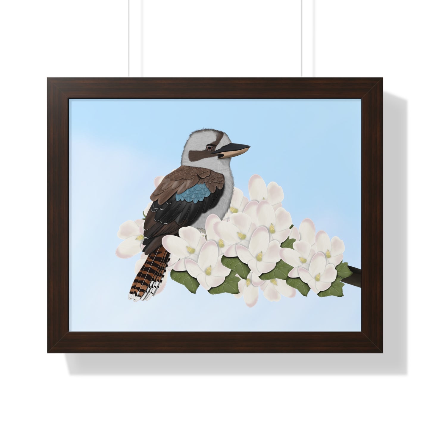 Kookaburra Spring Blossoms Bird Framed Poster in Black