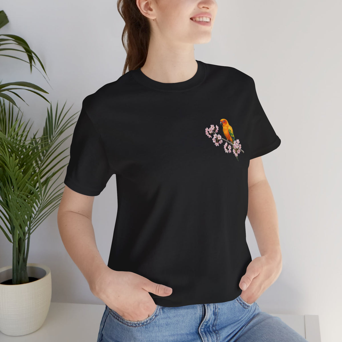 Sun Conure Cherry Blossom T-Shirt | Floral Spring Tee for Bird Lovers