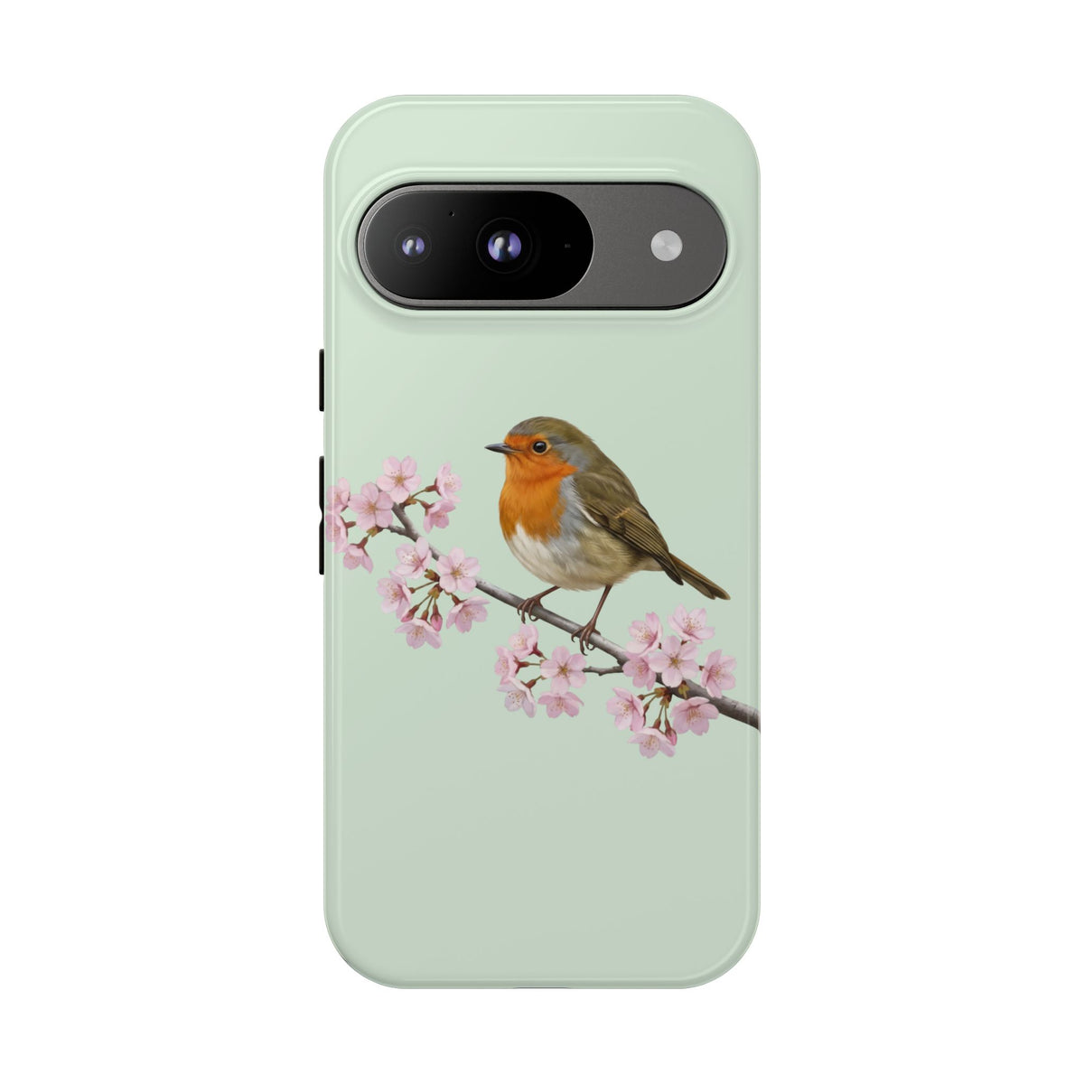 Coque de téléphone Robin vert sauge | Motif floral avec fleurs de cerisier et oiseau pour iPhone et Google Pixel