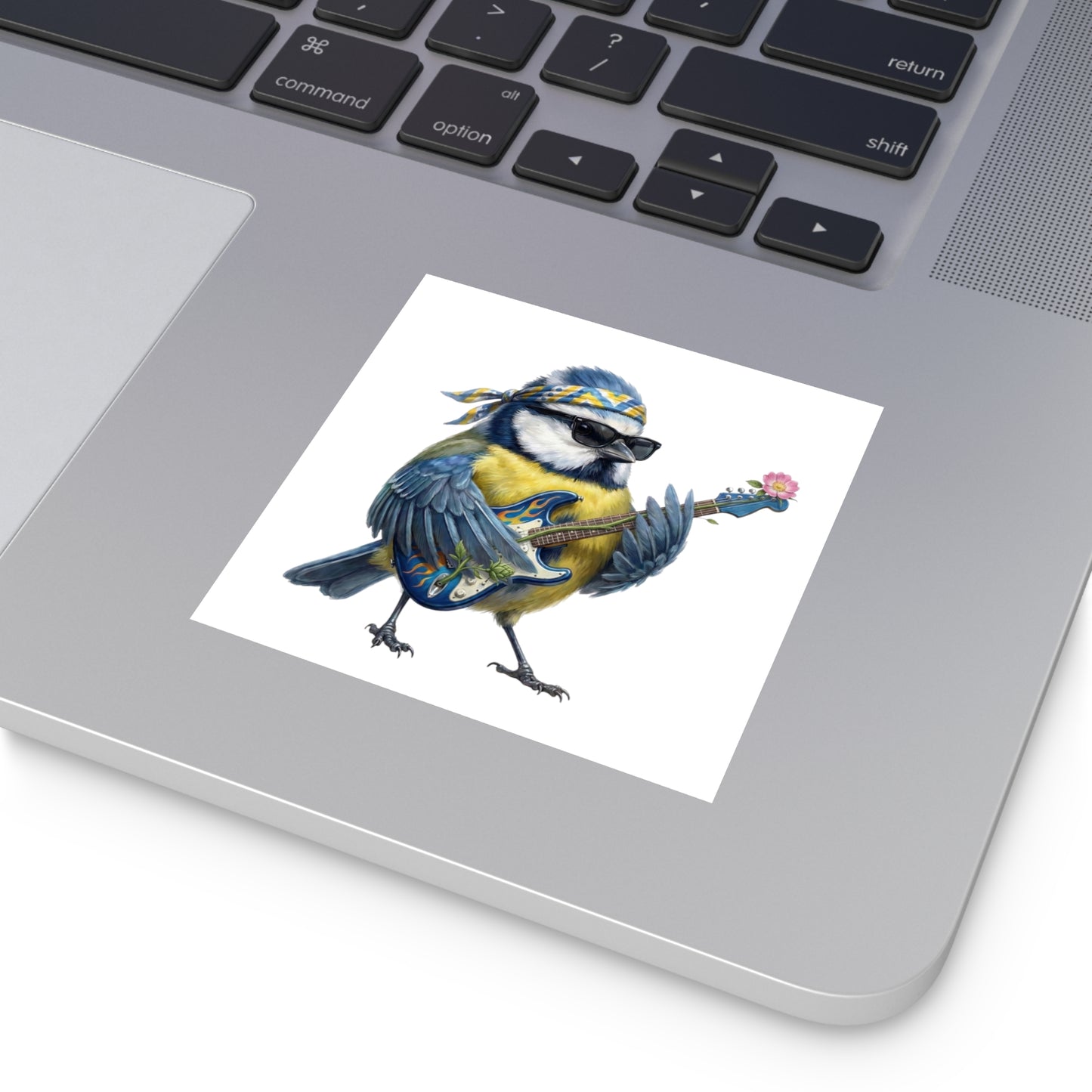 Bert Blaumeise mit seiner Blumen-Gitarre Premium Sticker (Die Gartenvögel)