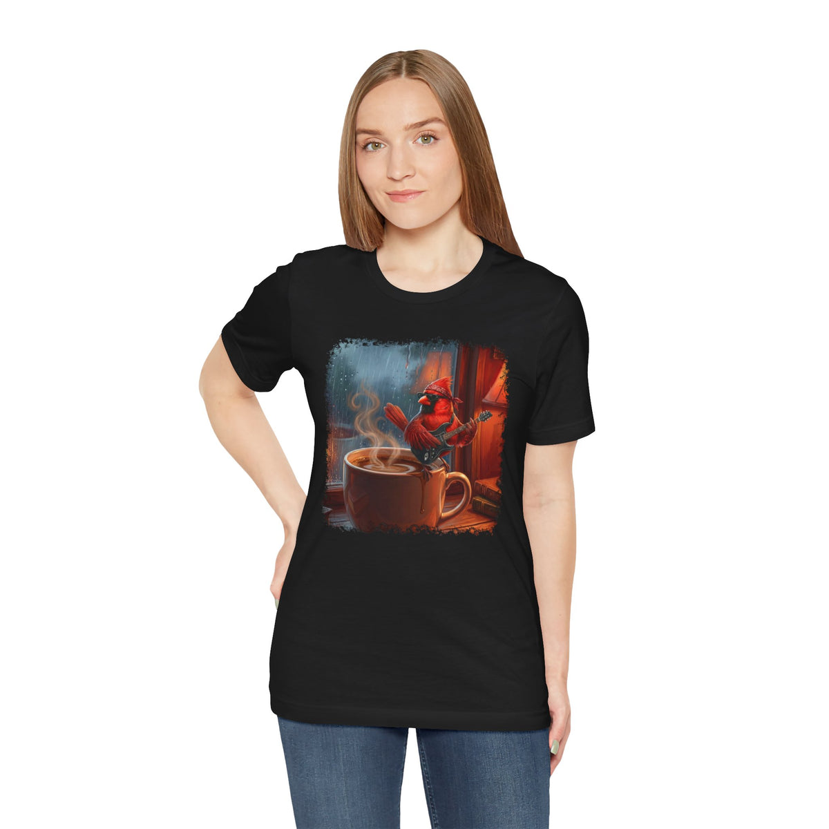 Vintage Lo-Fi Coffee & Rain Graphic Tee – Cardinal with Guitar Musician Shirt