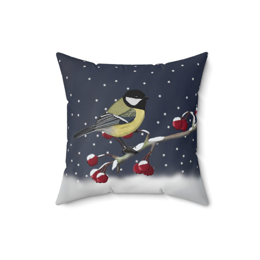 Chickadee on a Winter Branch Christmas Bird Pillow