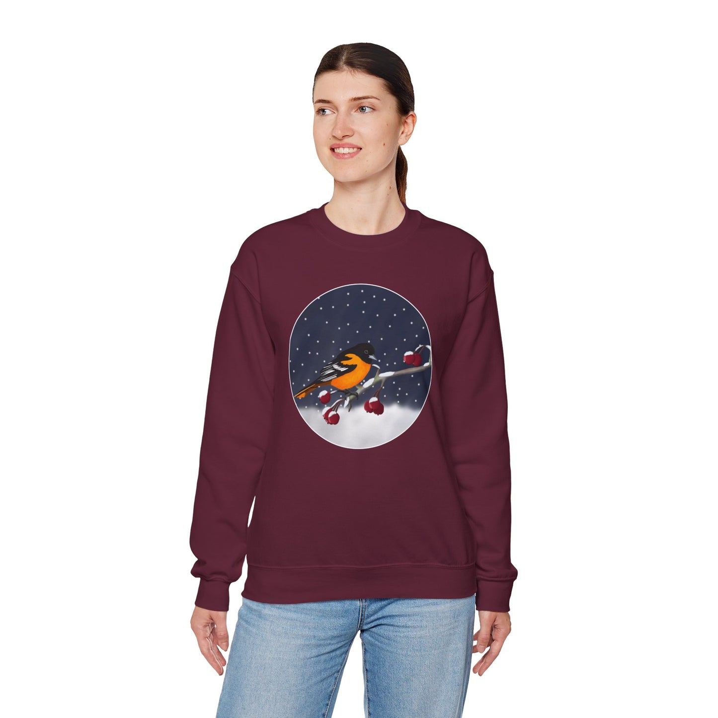 Baltimore Oriole on a Winter Branch Birdwatcher Christmas Bird Sweatshirt