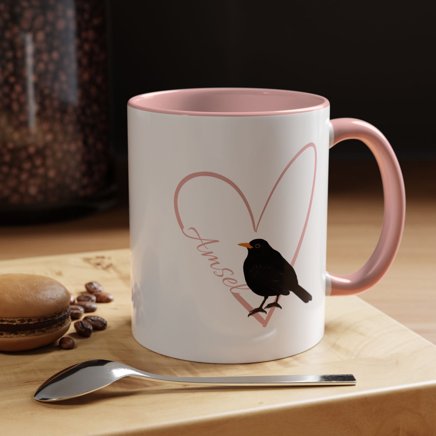 Amsel mit Herz Singvogel Vogel Tasse Weiß Rosa