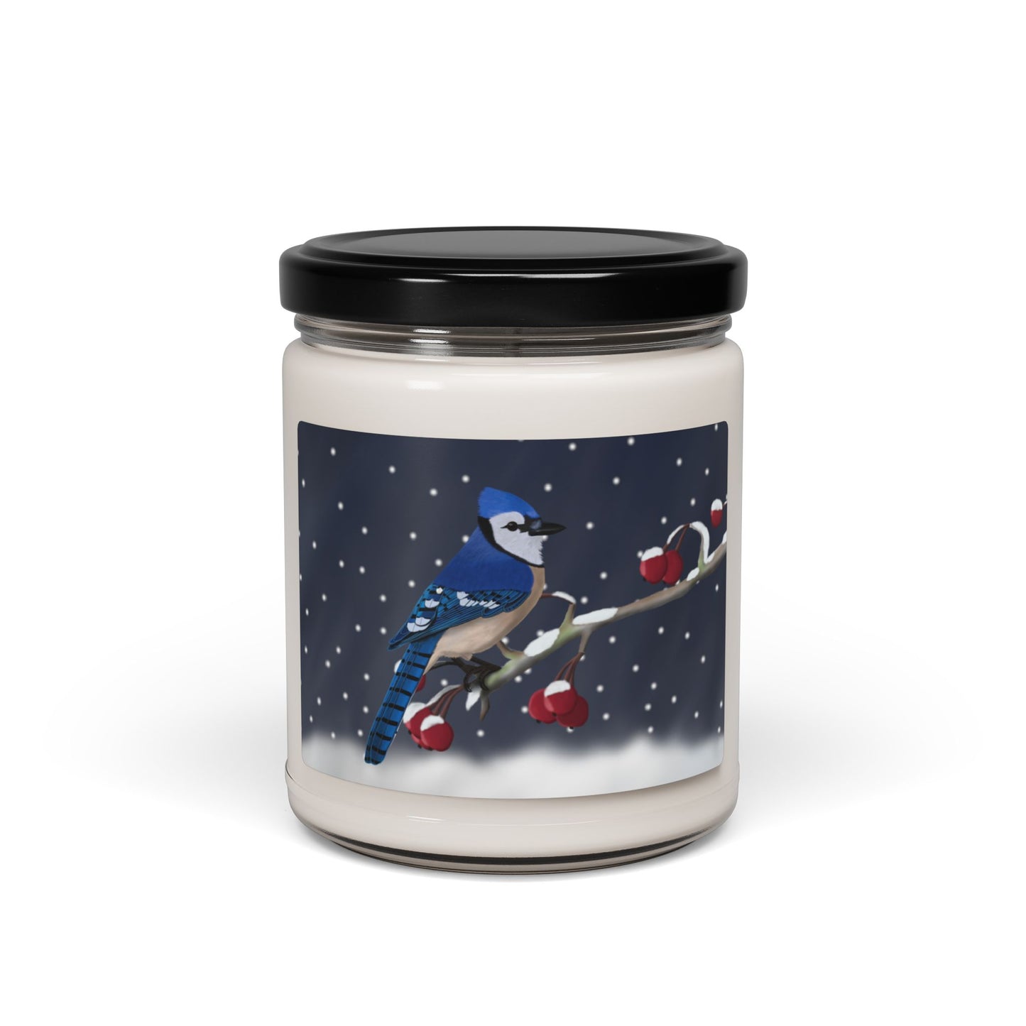 Blue Jay on a Winter Branch Christmas Bird Art Scented Soy Candle, 9oz