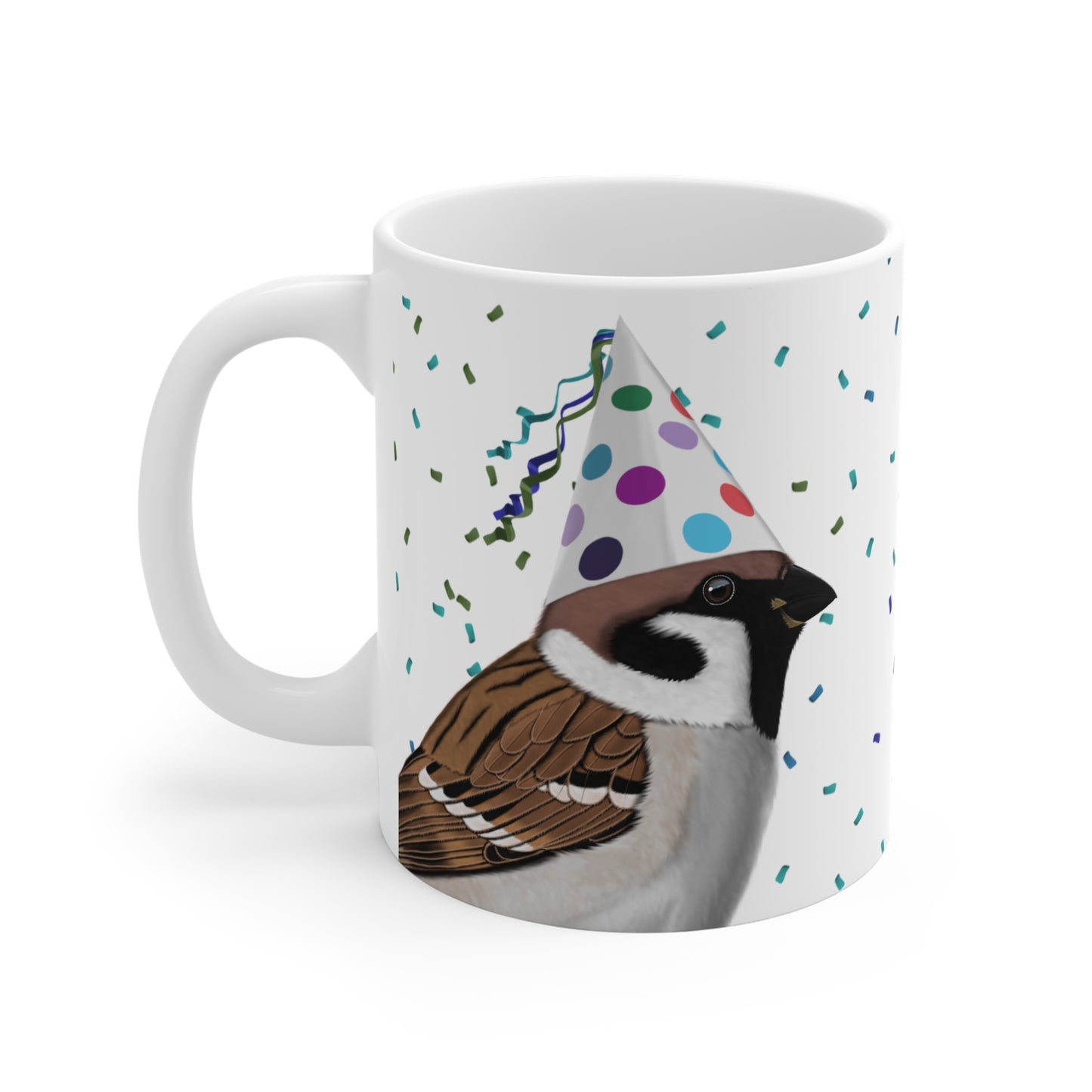 Feldsperling feiert Geburtstag mit Partyhut und Konfetti Vogel Tasse