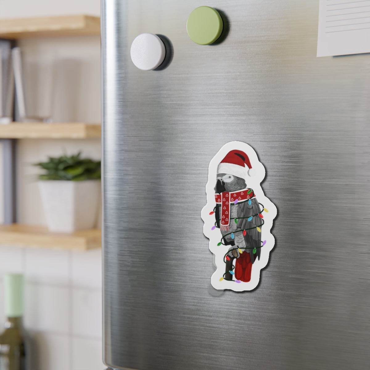 Grey Parrot with Fairy Lights and Scarf Christmas Bird Magnet