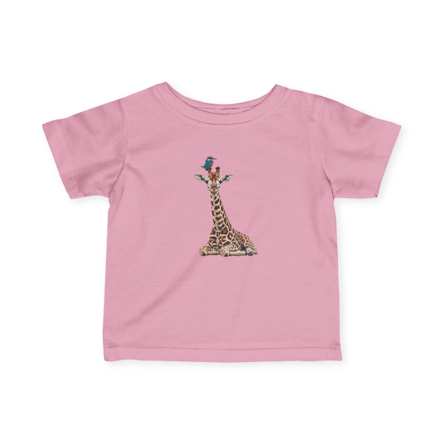 Süße Baby Giraffe mit Eisvogel Vogel Tiermotiv T-Shirt für Babys und Kleinkinder