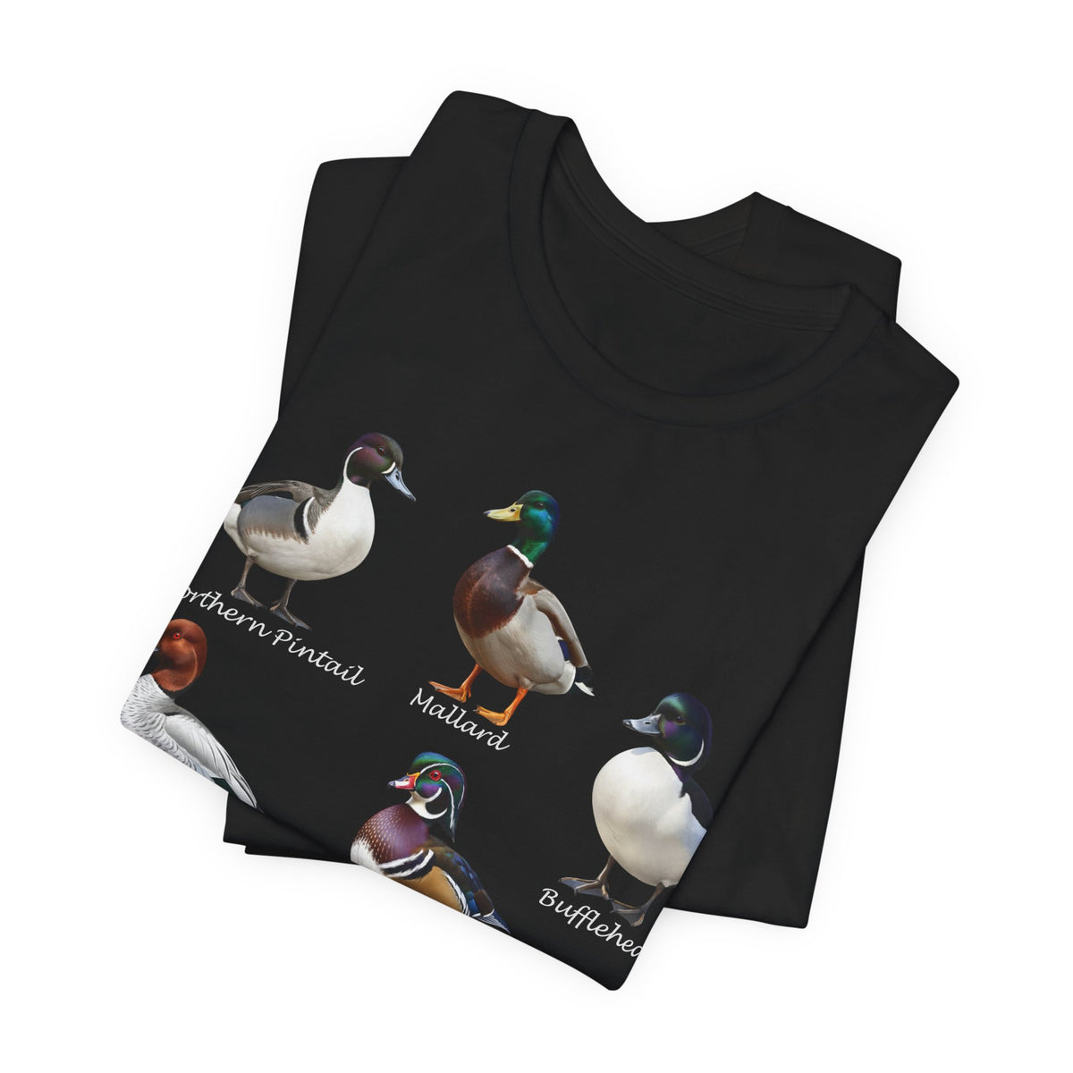 Black t-shirt with duck illustrations and names on a white background