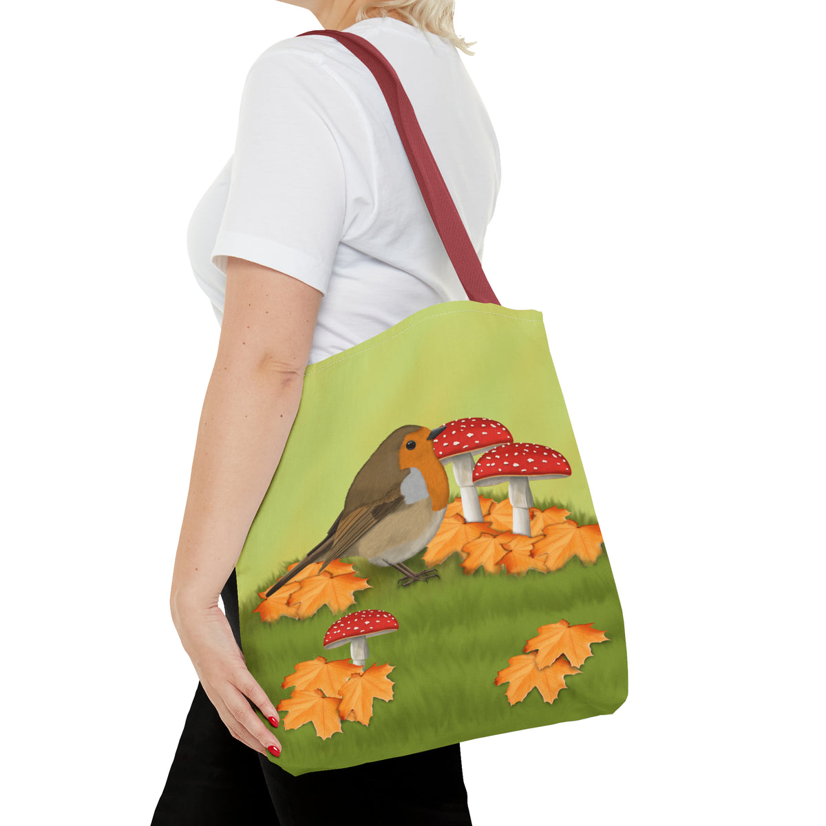 Robin in Fall Leafs Toadstool Bird Tote Bag 16"x16" - jz.birds
