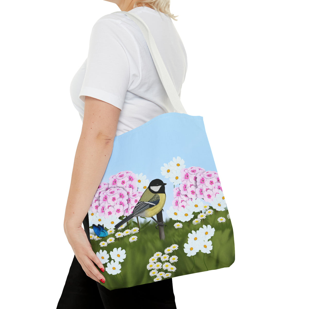 Chickadee in Summer Flowers Bird Tote Bag 16"x16" - jz.birds