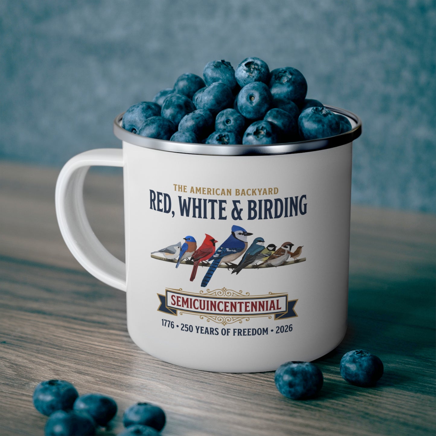 Red, White & Birding Vintage Enamel Camp Mug | 250th Anniversary