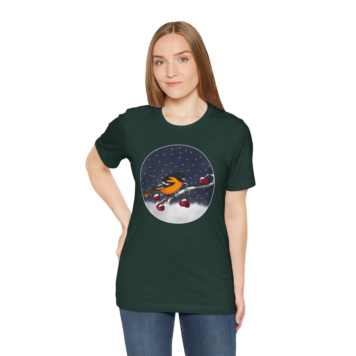 Baltimore Oriole on a Winter Branch Birdwatcher Christmas Bird T-Shirt