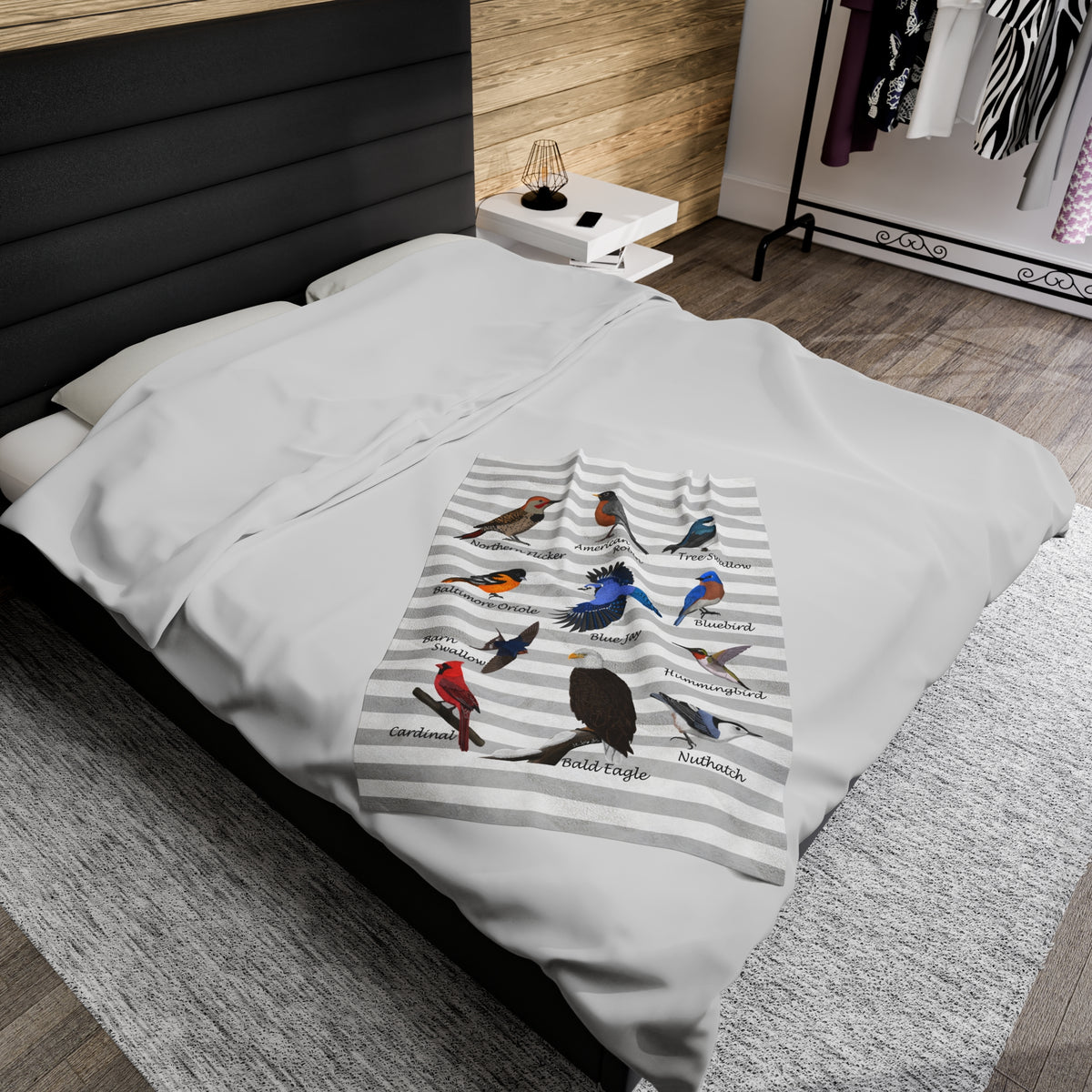 Hummingbird, Bluebird, Blue Jay, Cardinal and Robin Sofa Blankets – Backyard Birds Velveteen Plush Blanket Grey White