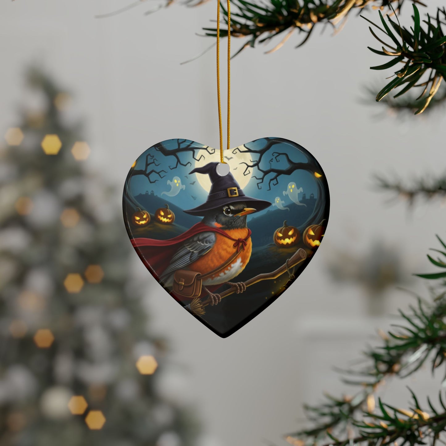 American Robin Halloween Ornaments, 2-Sided Witchy Bird Decor, Spooky Decorations, Halloween Gifts