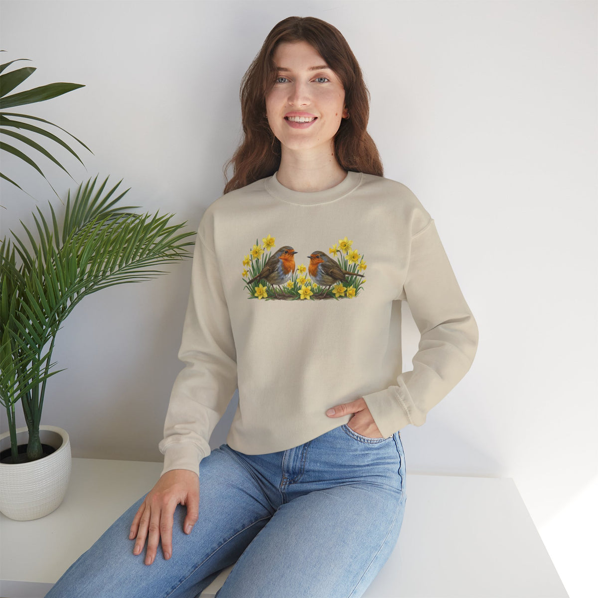 Rotkehlchen Oster-Sweatshirt Frühlingswiese – Singvögel in Osterglocken | Unisex Pullover