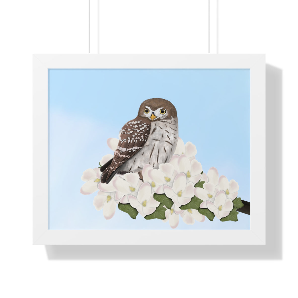 小さなフクロウの春の花鳥額入りポスター