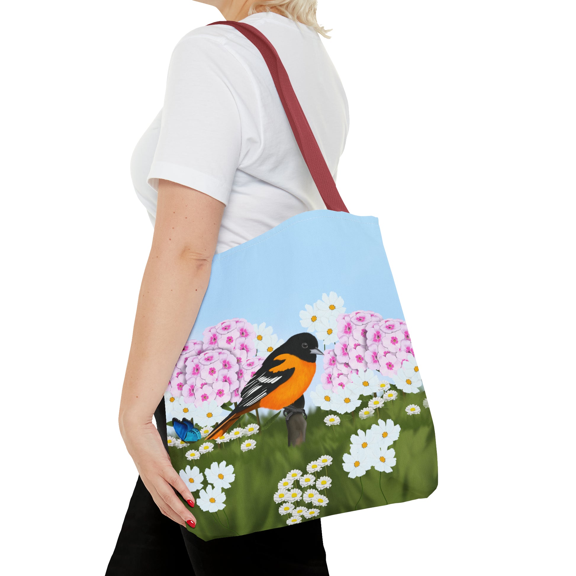 Baltimore Oriole in Summer Flowers Bird Tote Bag 16"x16" - jz.birds