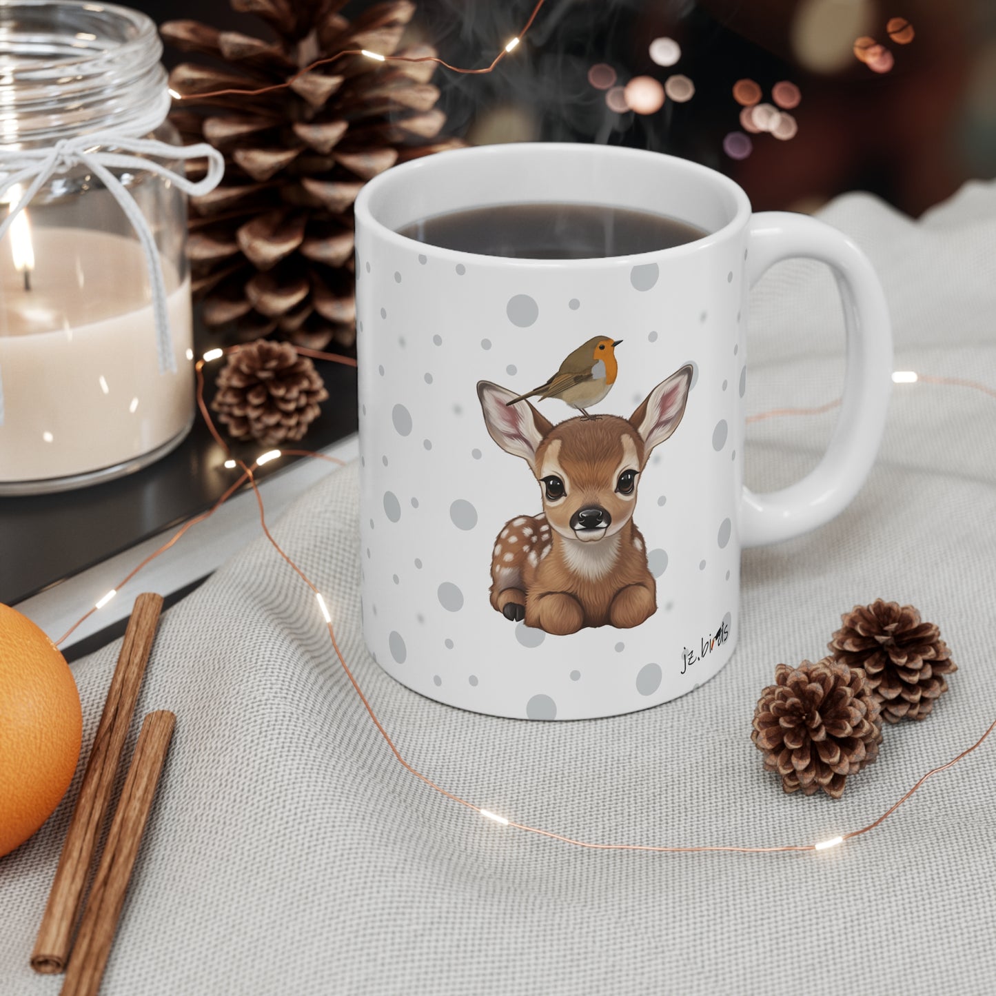 Cute Fawn Mug with Robin 11oz for Animal Lovers & Bird Watchers