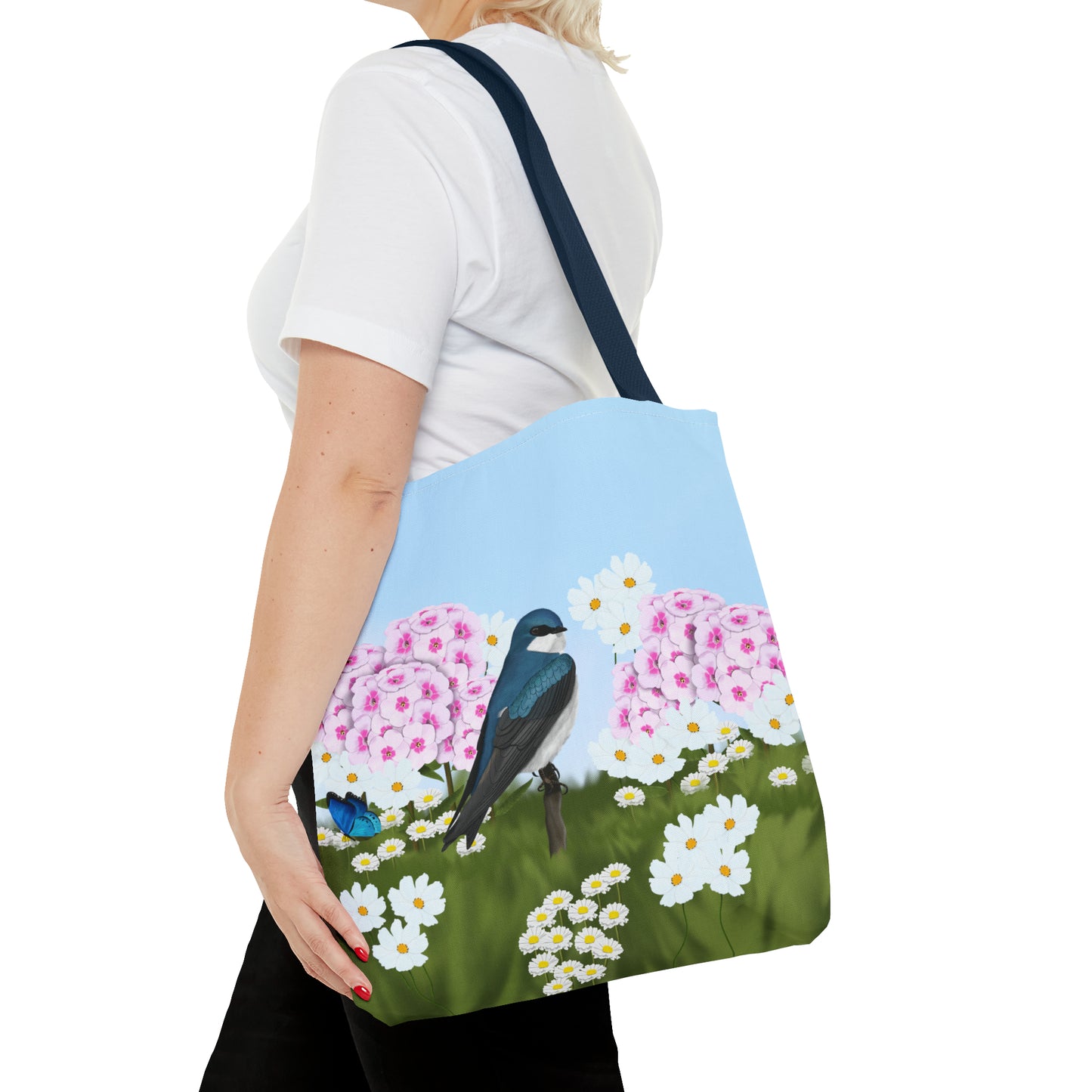Tree Swallow in Summer Flowers Bird Tote Bag 16"x16" - jz.birds