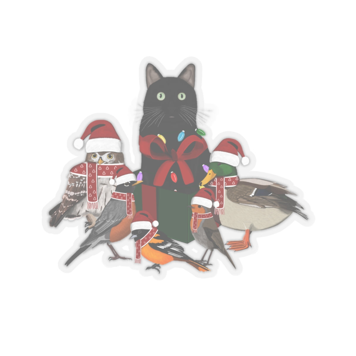 Robin Oriole Mallard Owl and Cat with Fairy Lights Santa Claus Hat and Scarf Christmas Bird Sticker