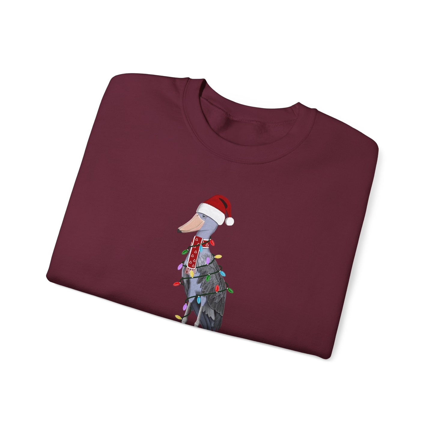 サンタクロースの姿でフェアリーライトをつけたハシビロコウのハッピーホリデーバードウォッチャークリスマスバードスウェットシャツ